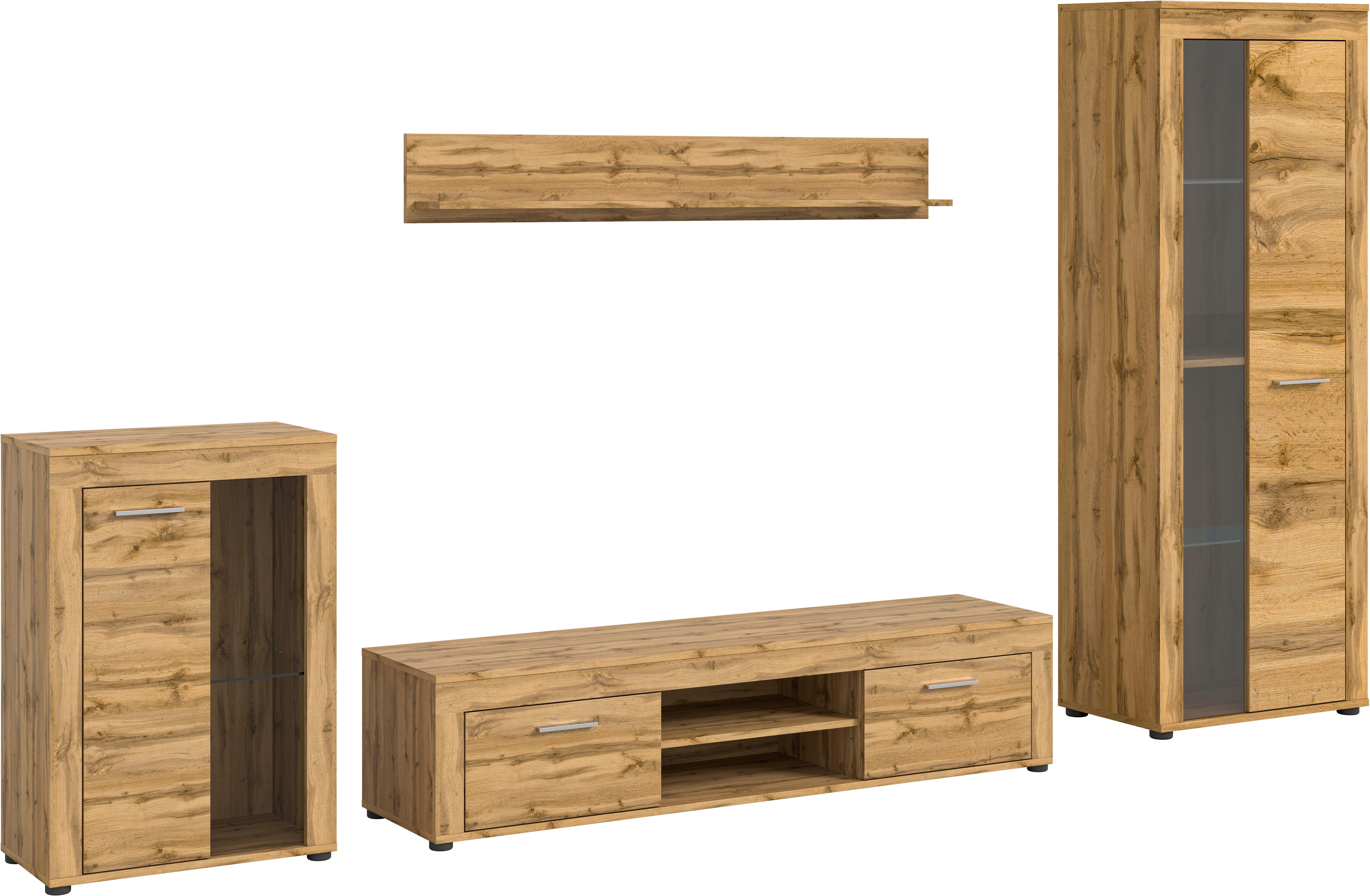 INOSIGN Wandmeubel Aosta, 4-delig, bestaande uit: vitrinekast, lowboard, wandplank & hoge vitrinekast (4 stuks)