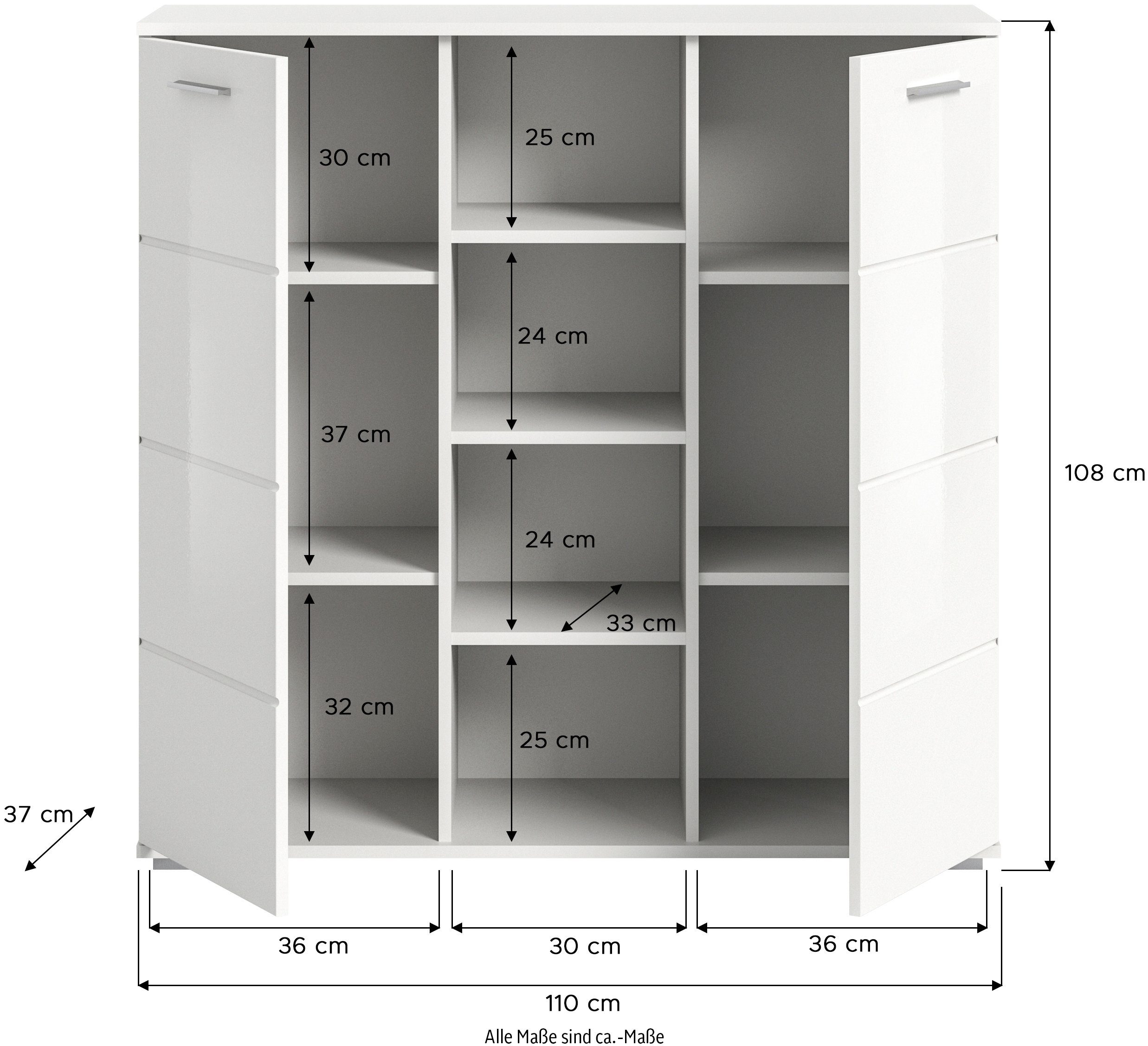 INOSIGN Highboard Valge, Hoogte 108 cm, 2 Deuren, 4 in hoogte verstelbare Planken, 4 Open Vakken