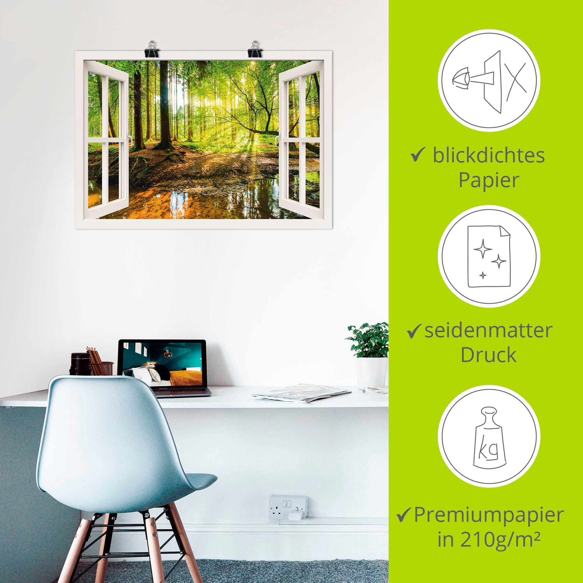 Artland Artprint Blik uit het venster - bos met beek als artprint op linnen, poster, muursticker in verschillende maten