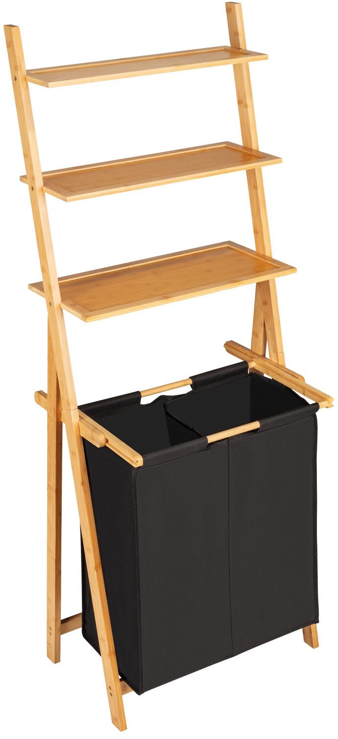 WENKO Wasmand met sorteerfunctie Ladderrek Ecori met wasverzamelaar Frame van bamboe, 3 schappen, textiel van 100% gerecycled polyester