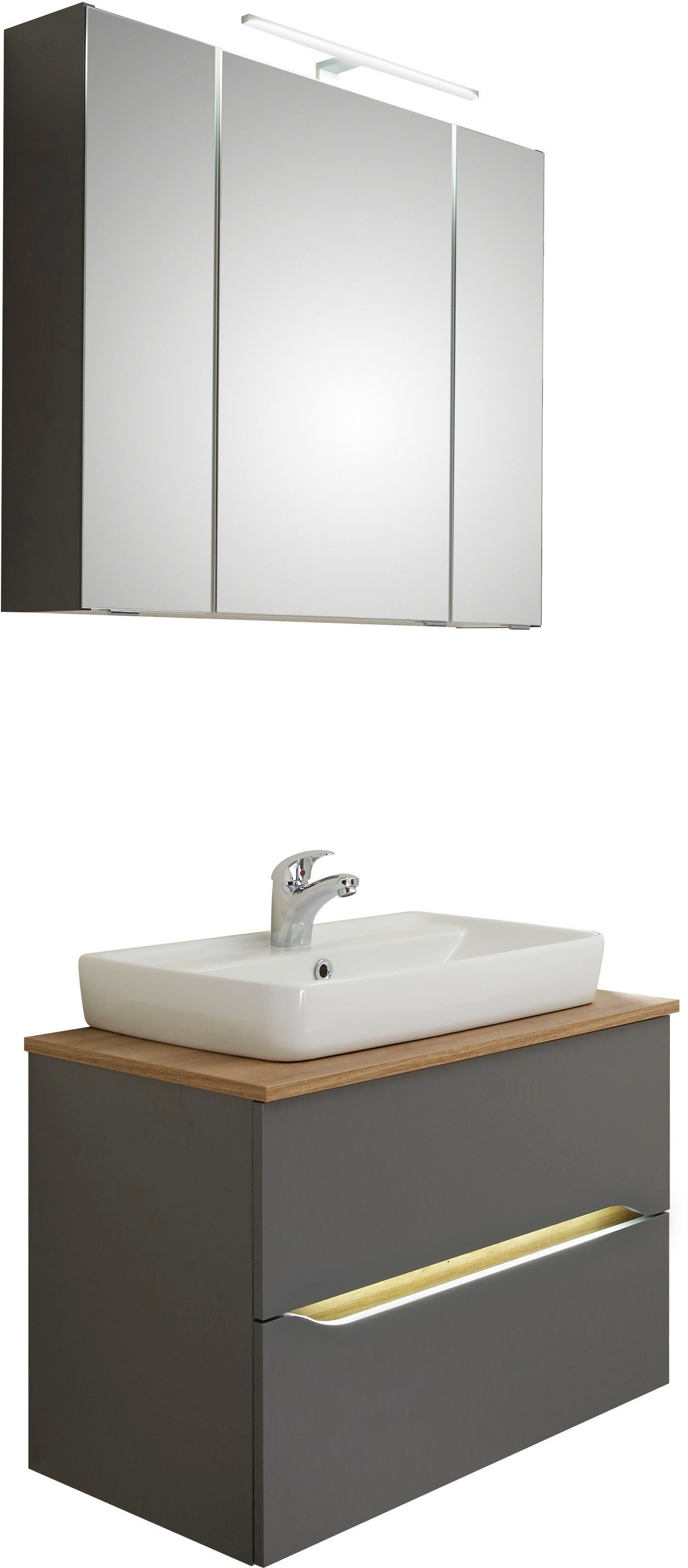 Saphir Badkamerserie Quickset 2-delig, keramieken opzetwasbak met led-spiegelkast Wastafel 80 cm breed, inclusief deurdemper, 3 deuren, 2 lades (5-delig)