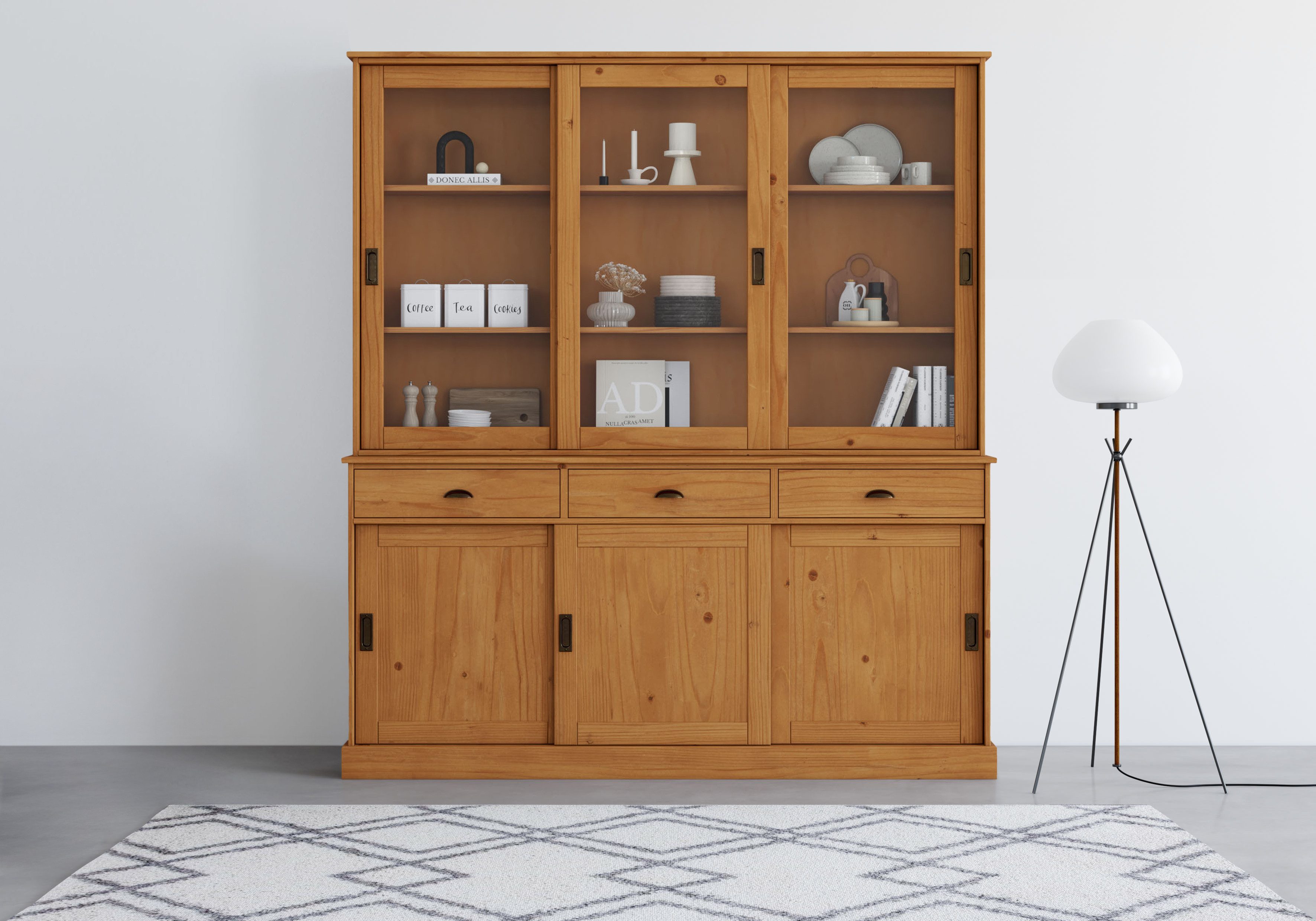 Home affaire Buffetkast Schröder met 6 schuifdeuren, waarvan 3 met glas-inzet, br.170 cm, massief grenen buffetkasten beige