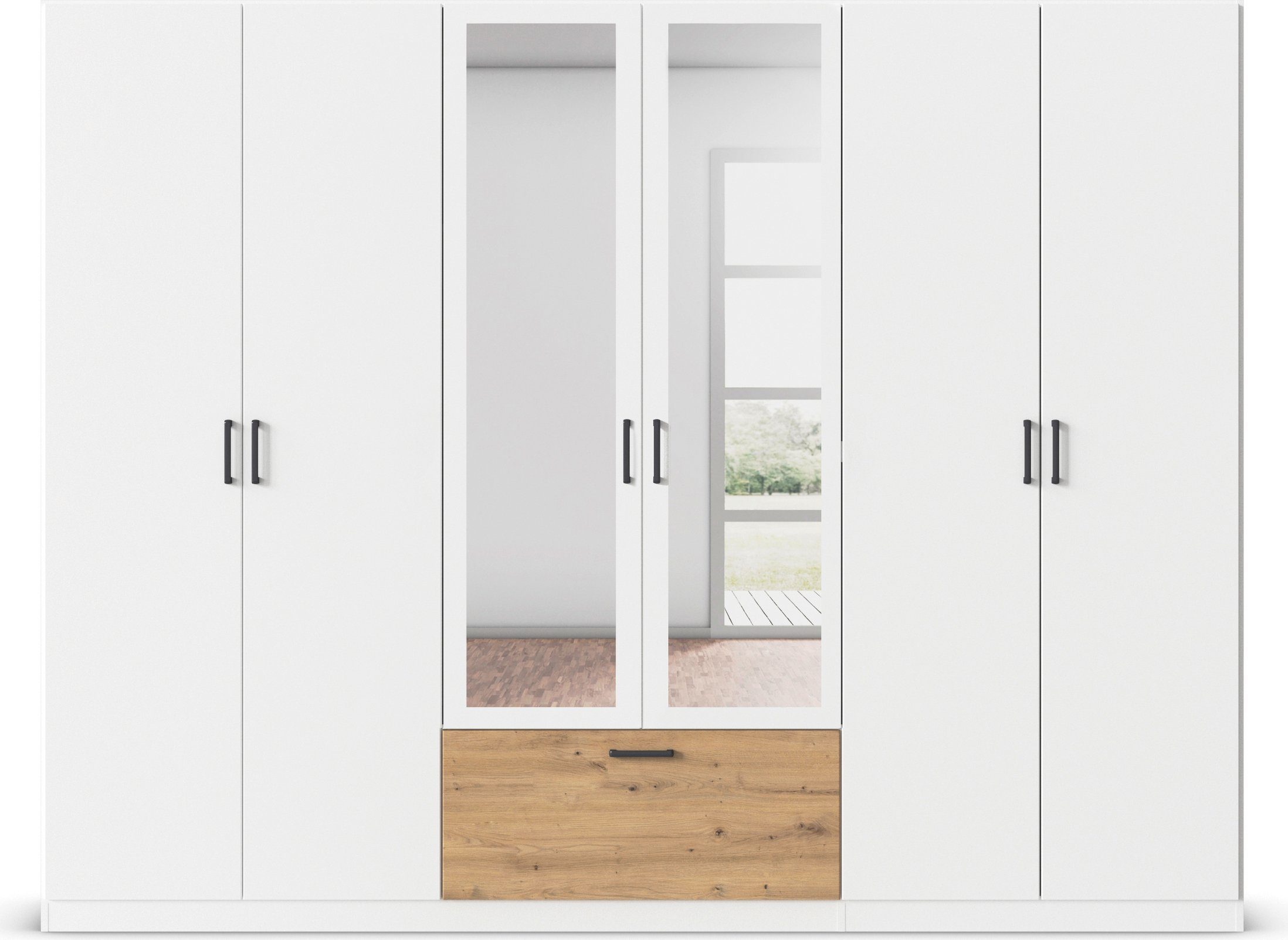 rauch Draaideurkast Kledingkast kast garderobe waskast BARI met spiegel met lades in het midden, moderne greep in grijs metallic made in germany