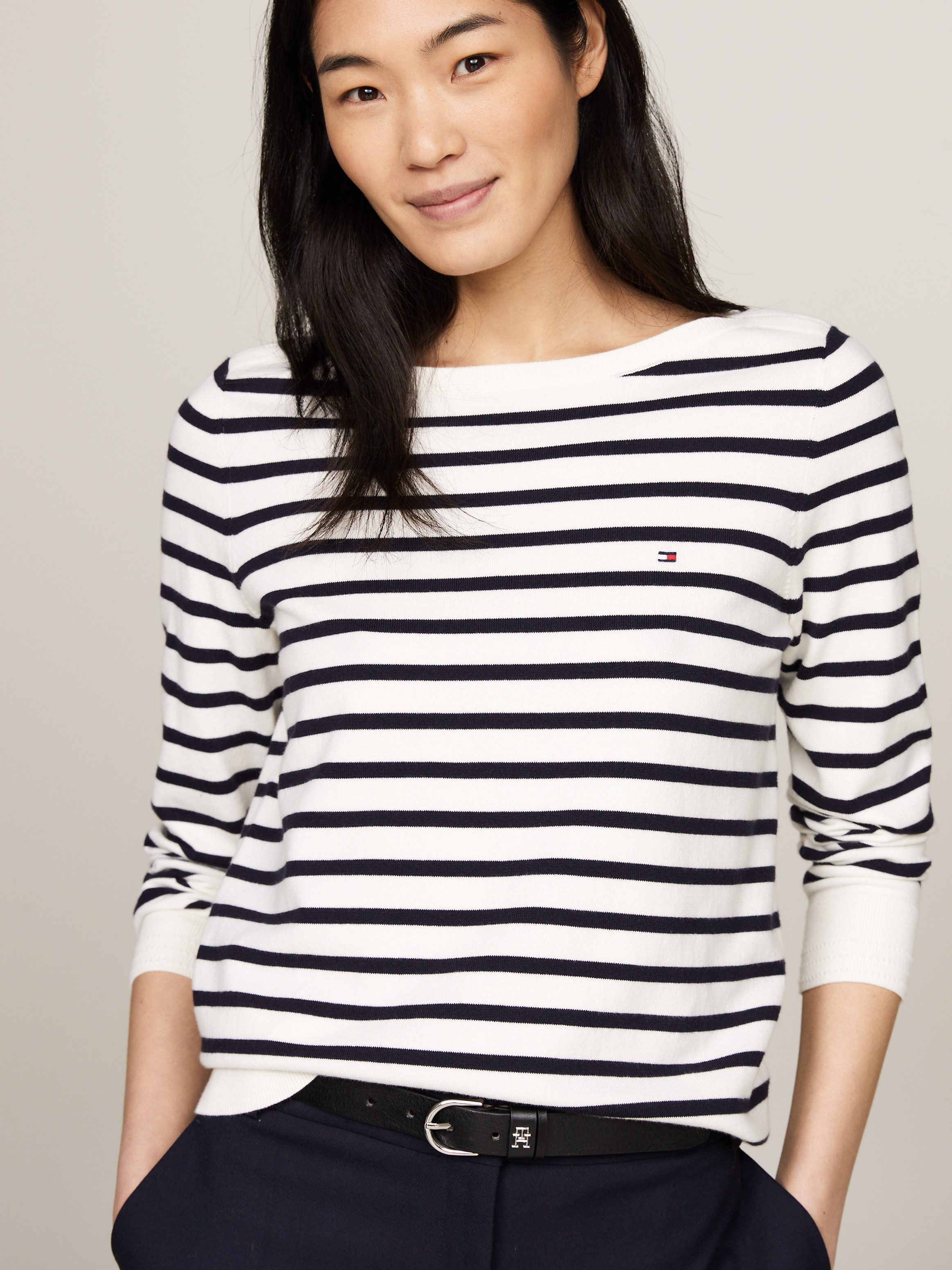 Tommy Hilfiger Gebreide trui CO JERSEY STITCH BOAT-NK SWEATER met -merklabel op de mouw
