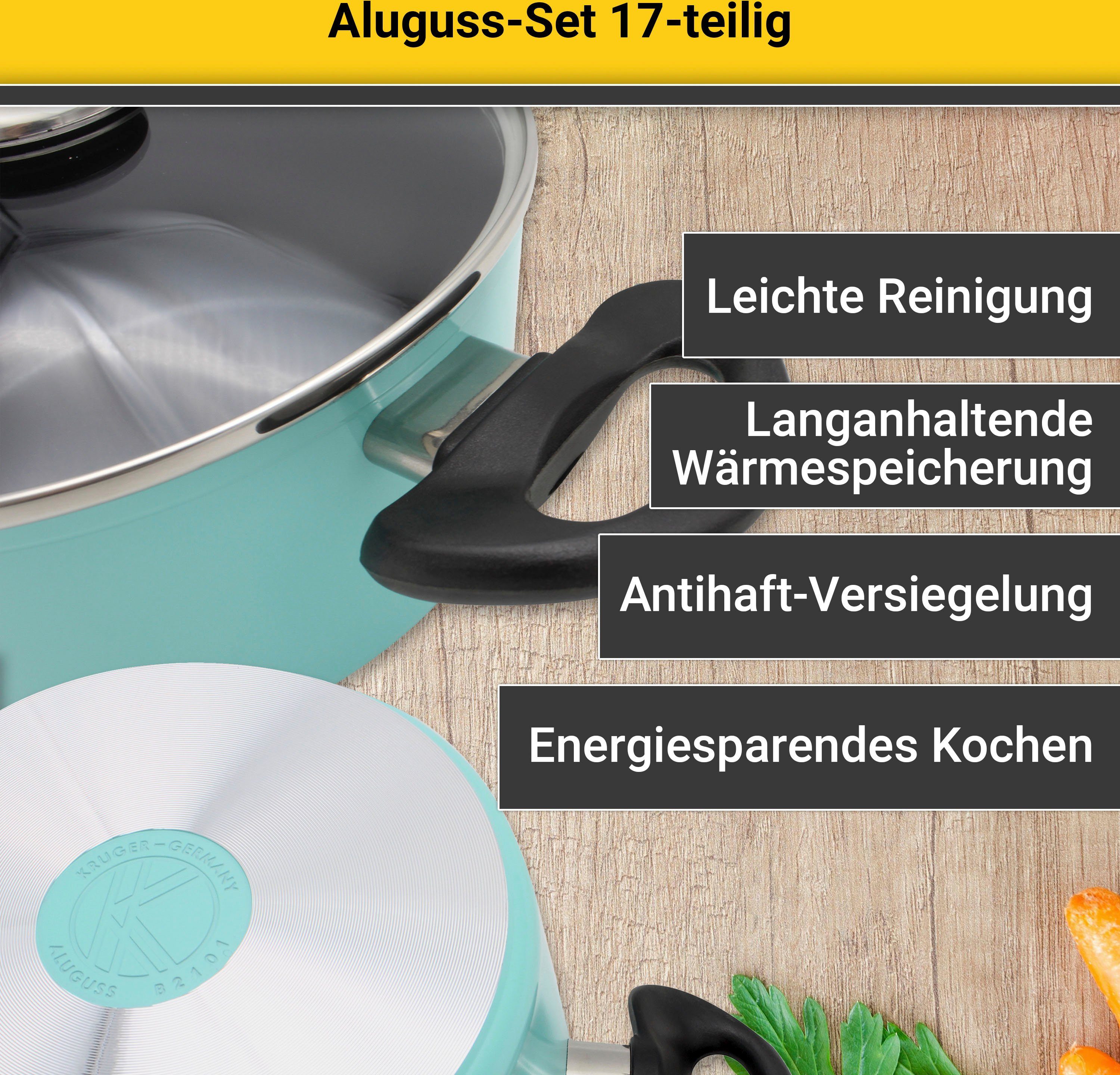 Krüger Pannenset Aluminium pot- en pan-set inclusief praktische keukenhulpmiddelen, 17-delig. (set)