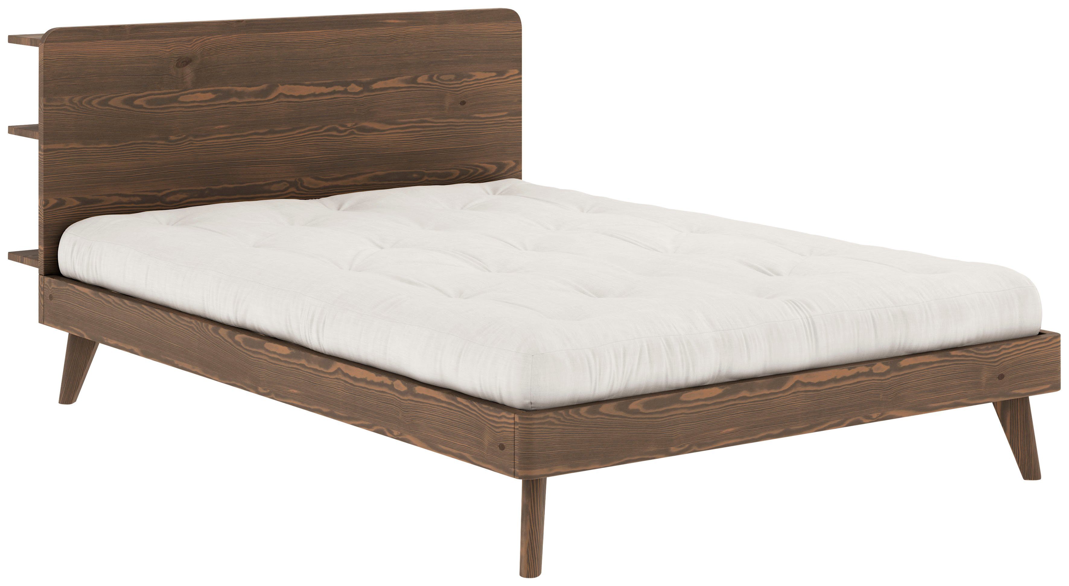 Karup Bedframe RETREAT BED van massief grenen met lattenbodem, hoofdbord met 3 legplanken
