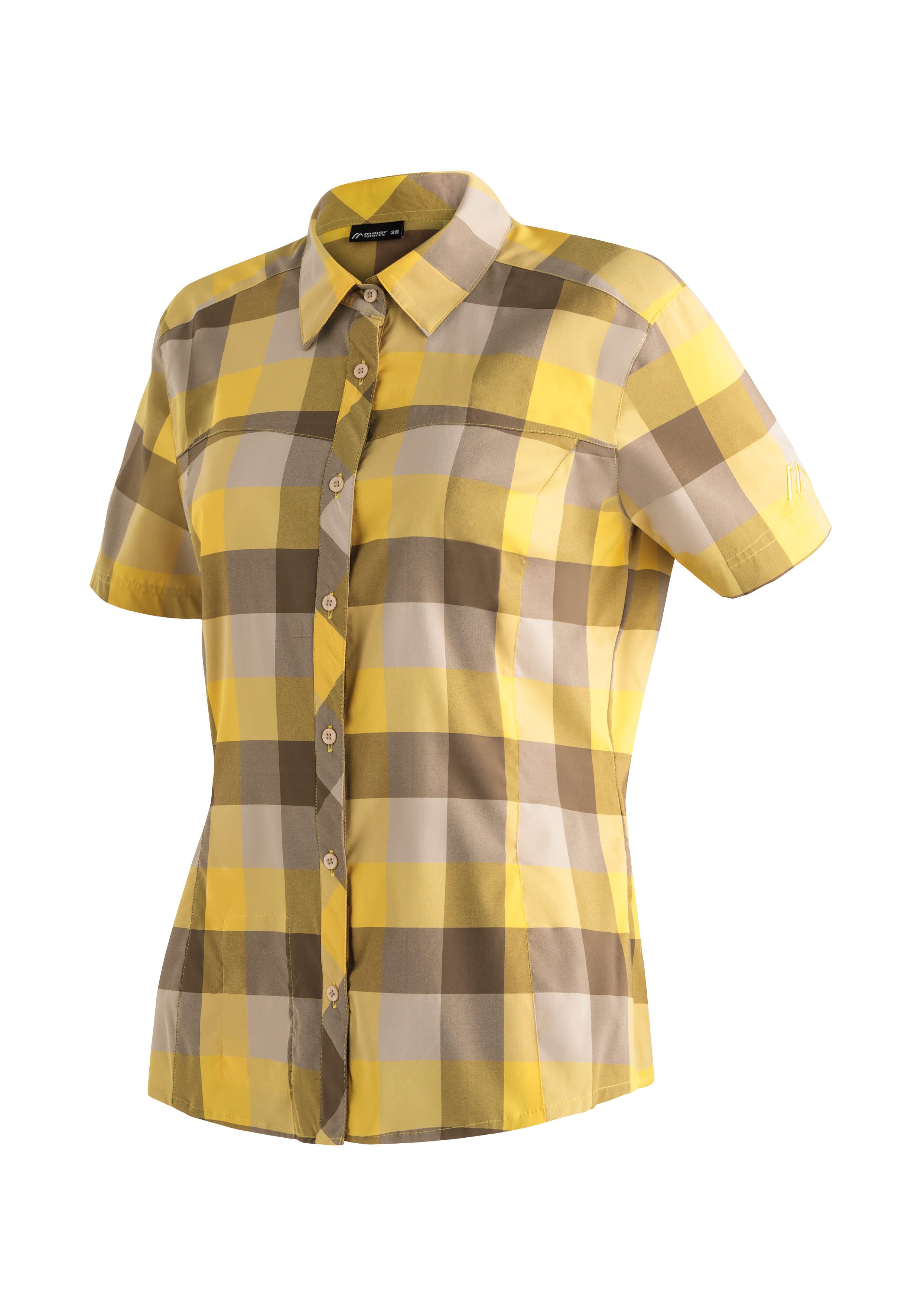 Maier Sports Outdoorblouse Kendra S/S W Dames korte mouwen blouse, onderhoudsvriendelijke geruite blouse dames blouses maat 46 geel