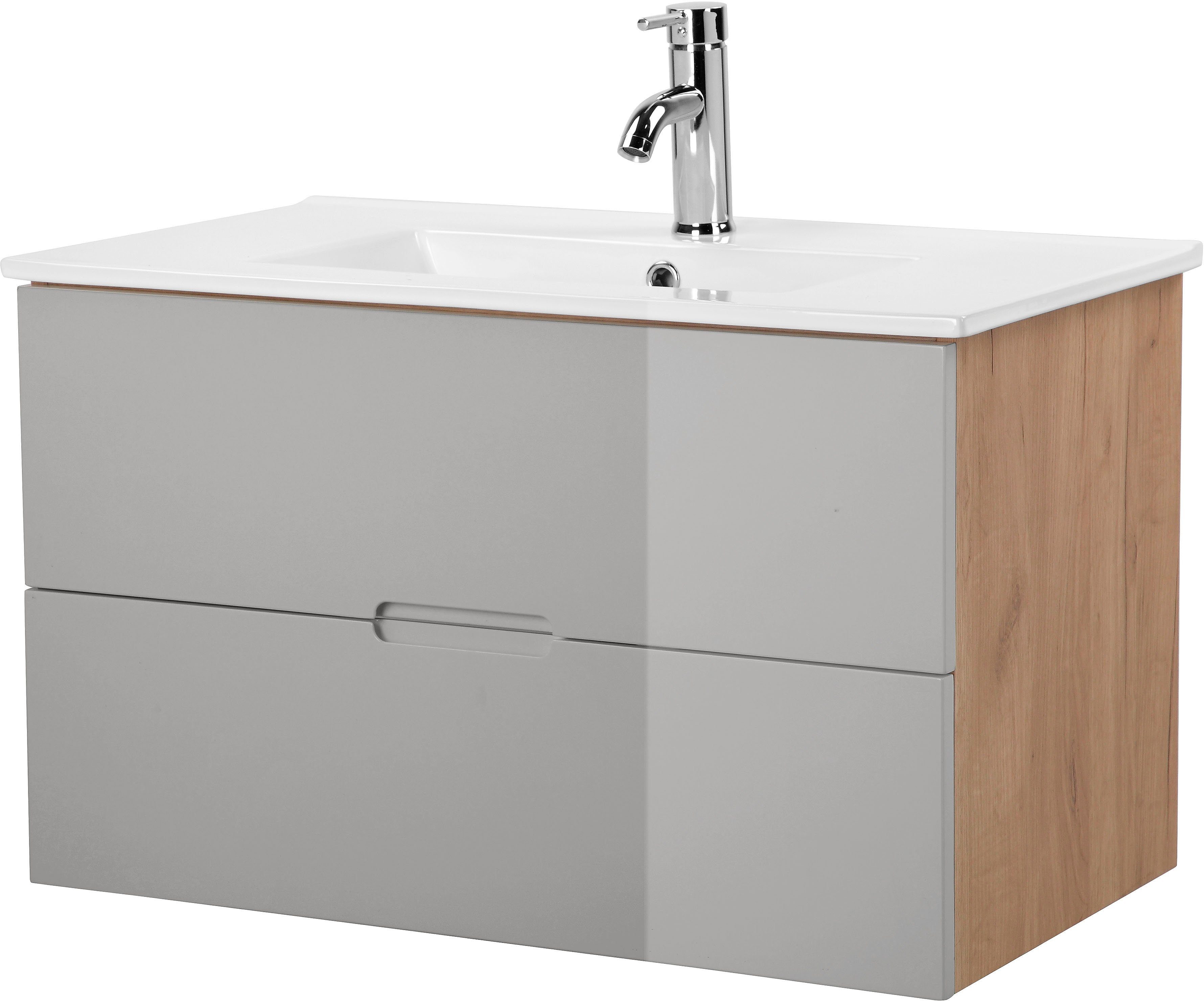 welltime Badkamerserie Lund badkamermeubelset badkamerkast badkamerset Wastafelonderkast, spiegelkast en bekken breedte 80 cm (complete set, 3-delig)