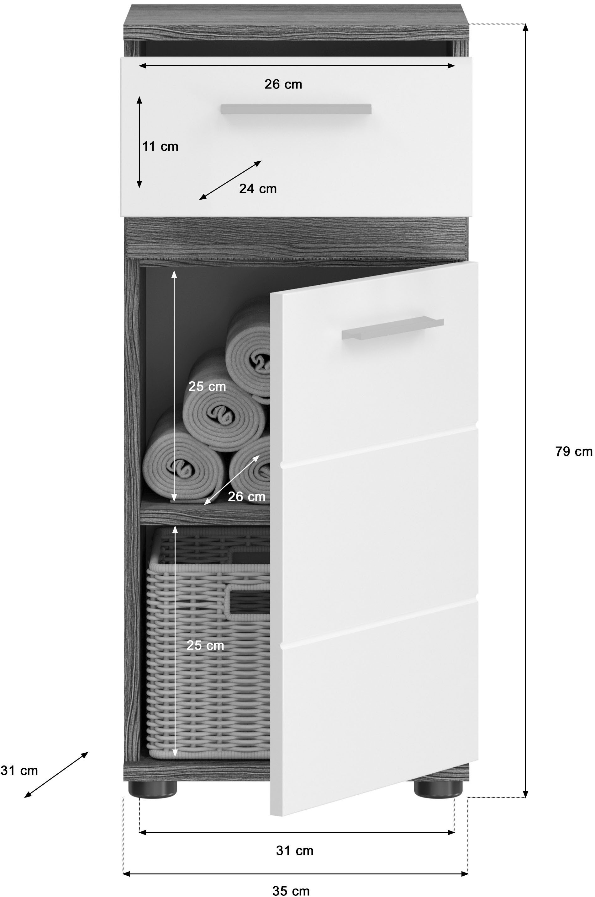 welltime Onderkast LUCCA, TOPSELLER!, Breedte 35 cm, 1 deur (TA verwisselbaar), 1 lade