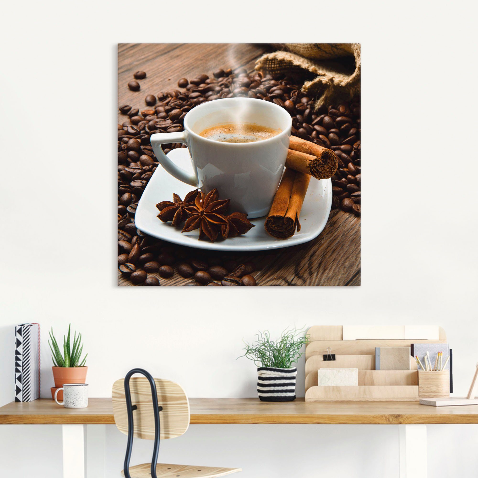Artland Artprint Koffiekopje linnen zak met koffiebonen als artprint op linnen, poster in verschillende formaten maten