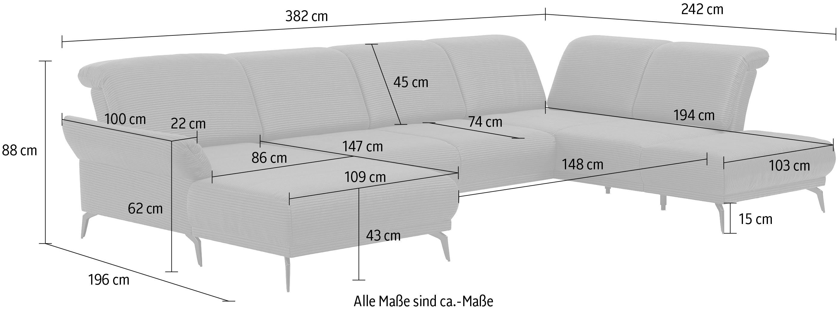 INOSIGN Zithoek Coco U-vorm Verstelbare zitdiepte, armleuning en hoofdeind, cordbekleding, poothoogte 15 cm