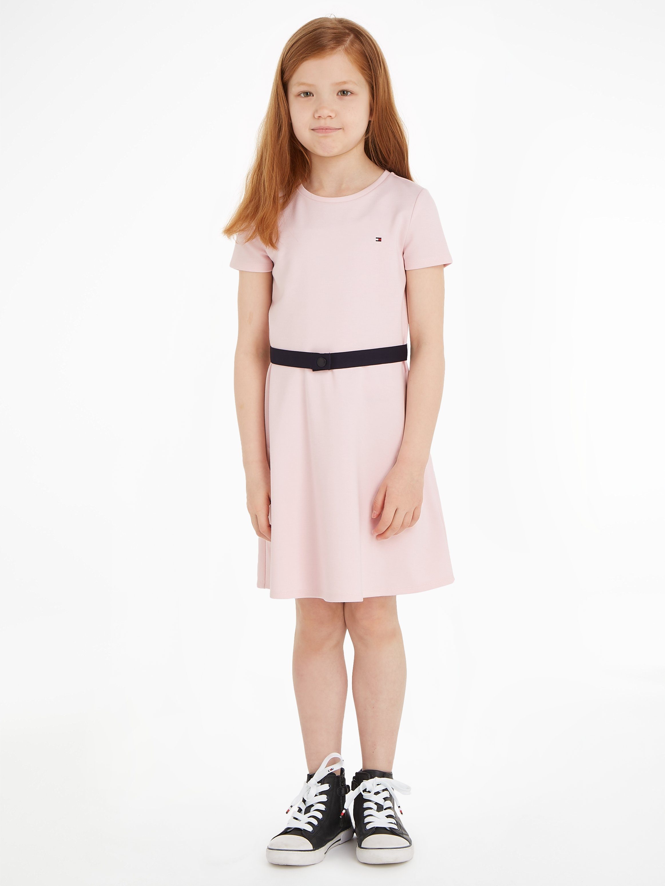 Tommy Hilfiger Jerseyjurk ESSENTIAL SKATER DRESS met merklabel op de tailleband