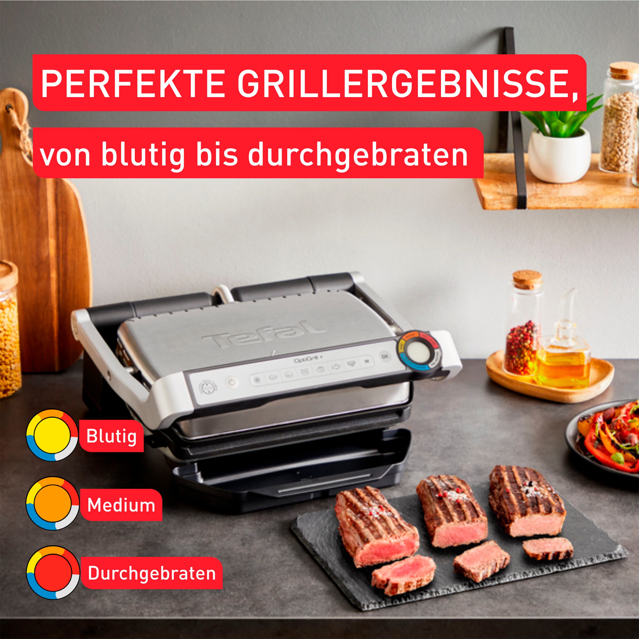 Tefal Contactgrill GC717D OptiGrill+ vernieuwde kookniveau-indicator, 6 automatische programma's, inclusief receptenboek