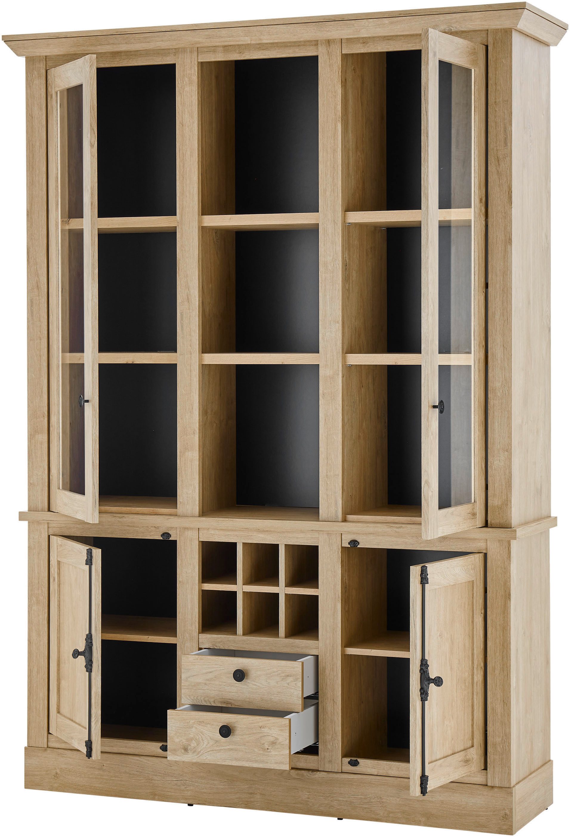 Home affaire Vitrinekast Cornwall, hoge kast in landelijke stijl, glasvitrine, eiken decor Metalen handgrepen, 147 cm breed, veel opbergruimte, in twee maten beschikbaar (1 stuk)