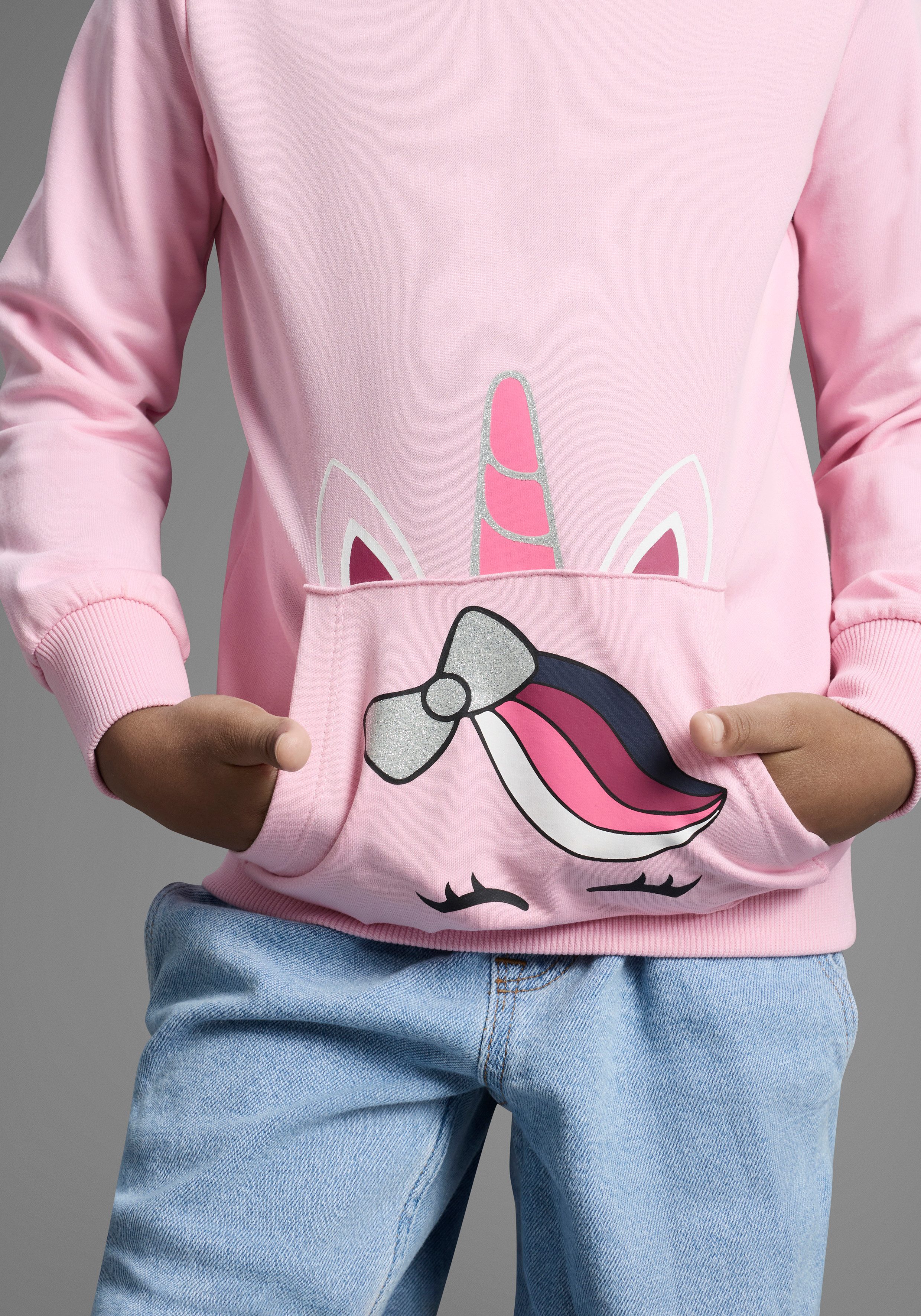 KIDSWORLD Hoodie Long sweatshirt with cute unicorn Lange mouwen, basic pasvorm, bedrukt, met capuchon, van katoen