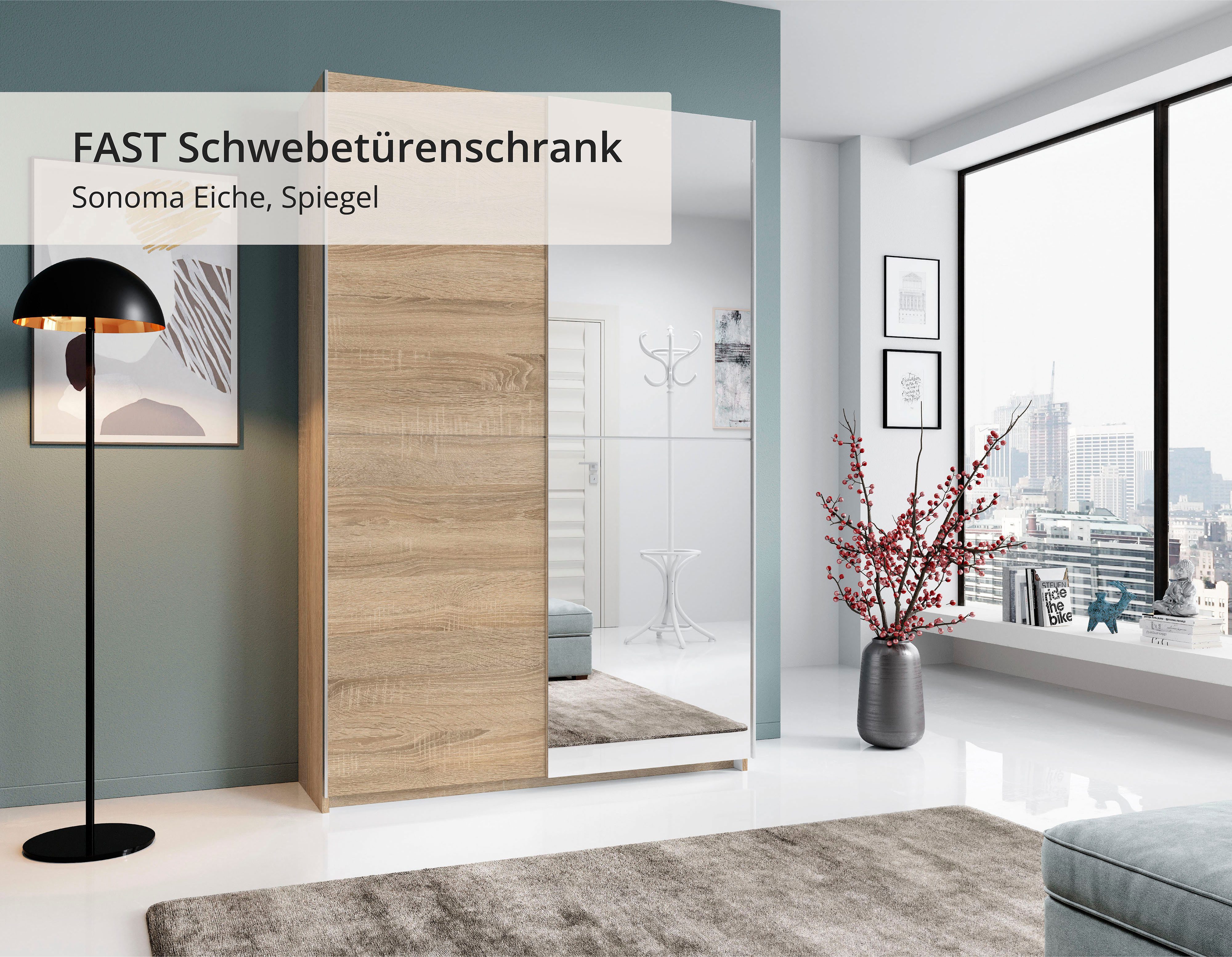 Schlafkontor Zweefdeurkast Heimo / Fast Kast Kledingkast Garderobe weinig diepte, uitschuifbare kledingstang, garderobekast, 6 planken