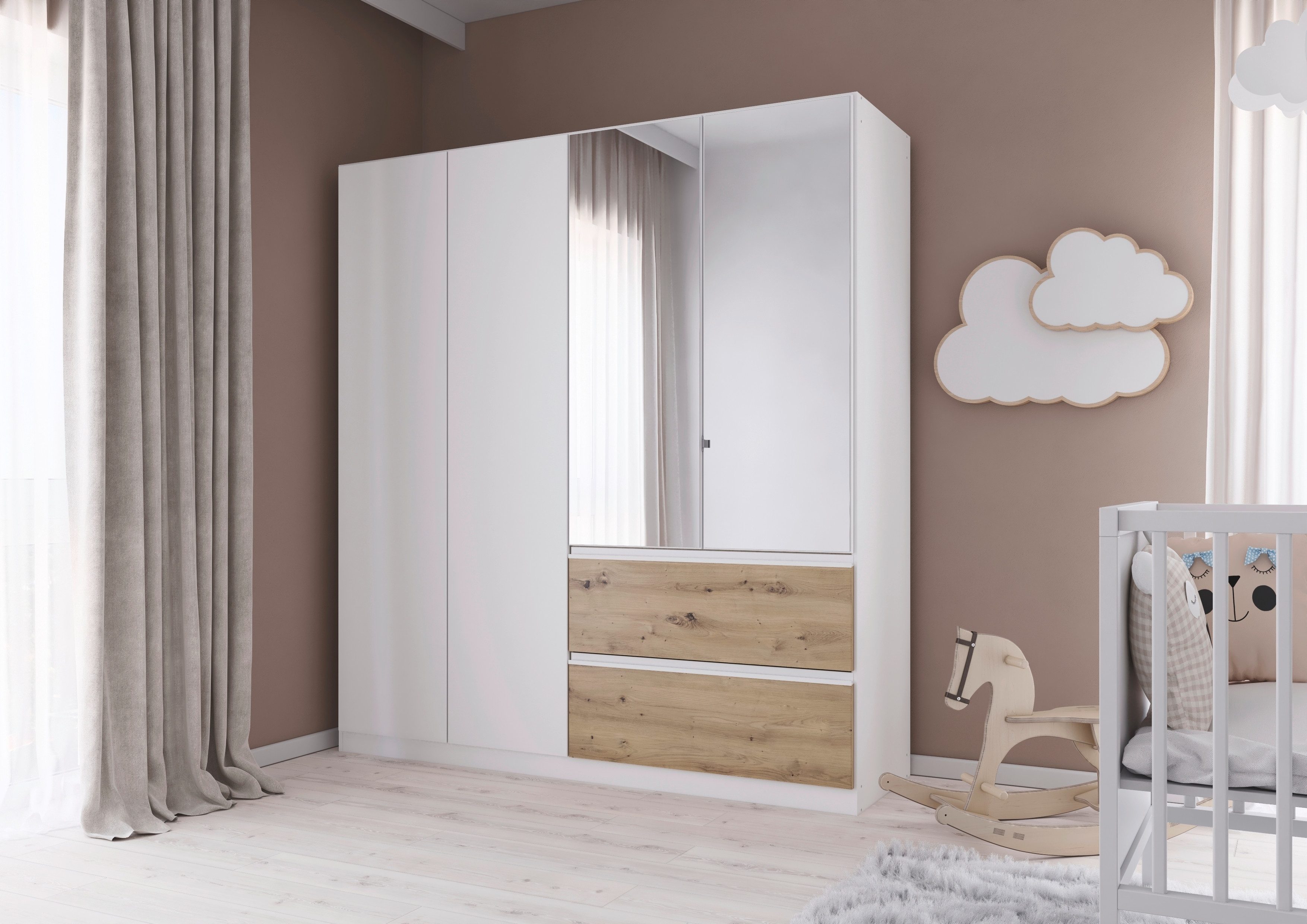 rauch Draaideurkast Kledingkast Kast Garderobe Wasmand COSTA in 3 Breedtes met spiegel, greeploos front en push-to-open functie made in germany