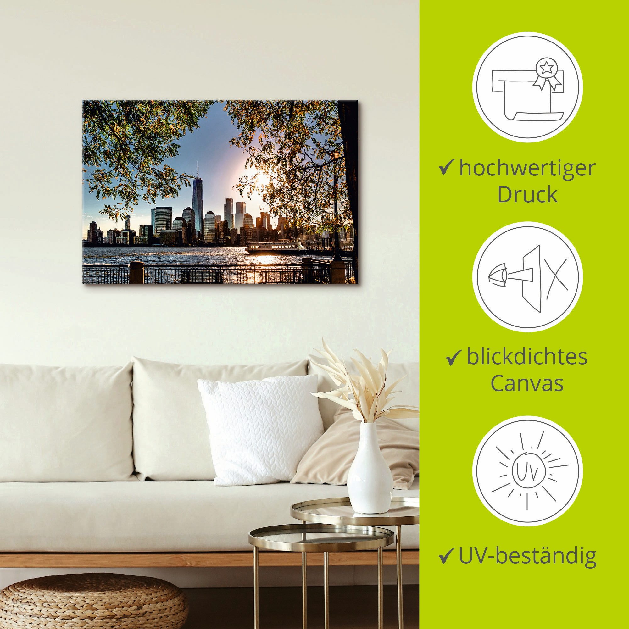 Artland Artprint Zonsopkomst boven New York als artprint van aluminium, artprint voor buiten, artprint op linnen, poster, muursticker