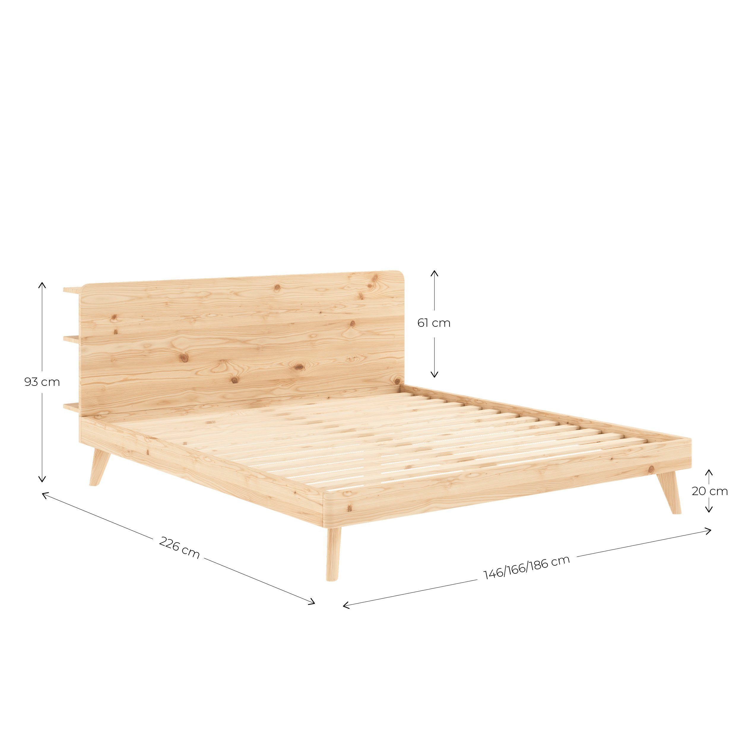 Karup Bedframe RETREAT BED van massief grenen met lattenbodem, hoofdbord met 3 legplanken