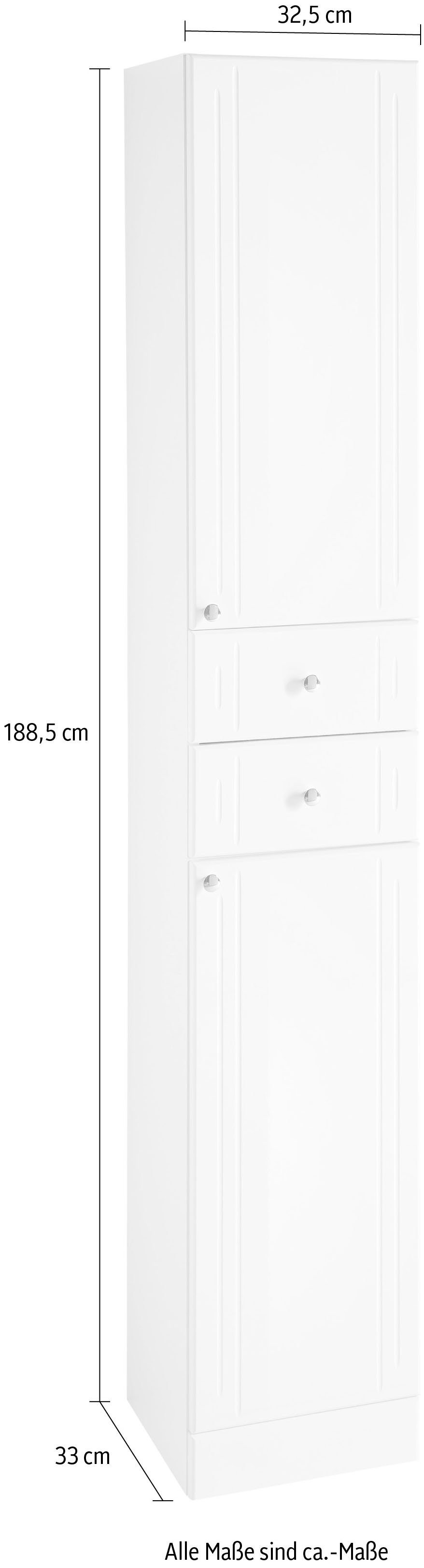 Saphir Hoge kast Quickset 955 Badkamermeubel, 32,5 cm breed, 2 deuren, 2 laden Hoge badkamerkast inclusief deurdemper, grepen in glanzend chroom