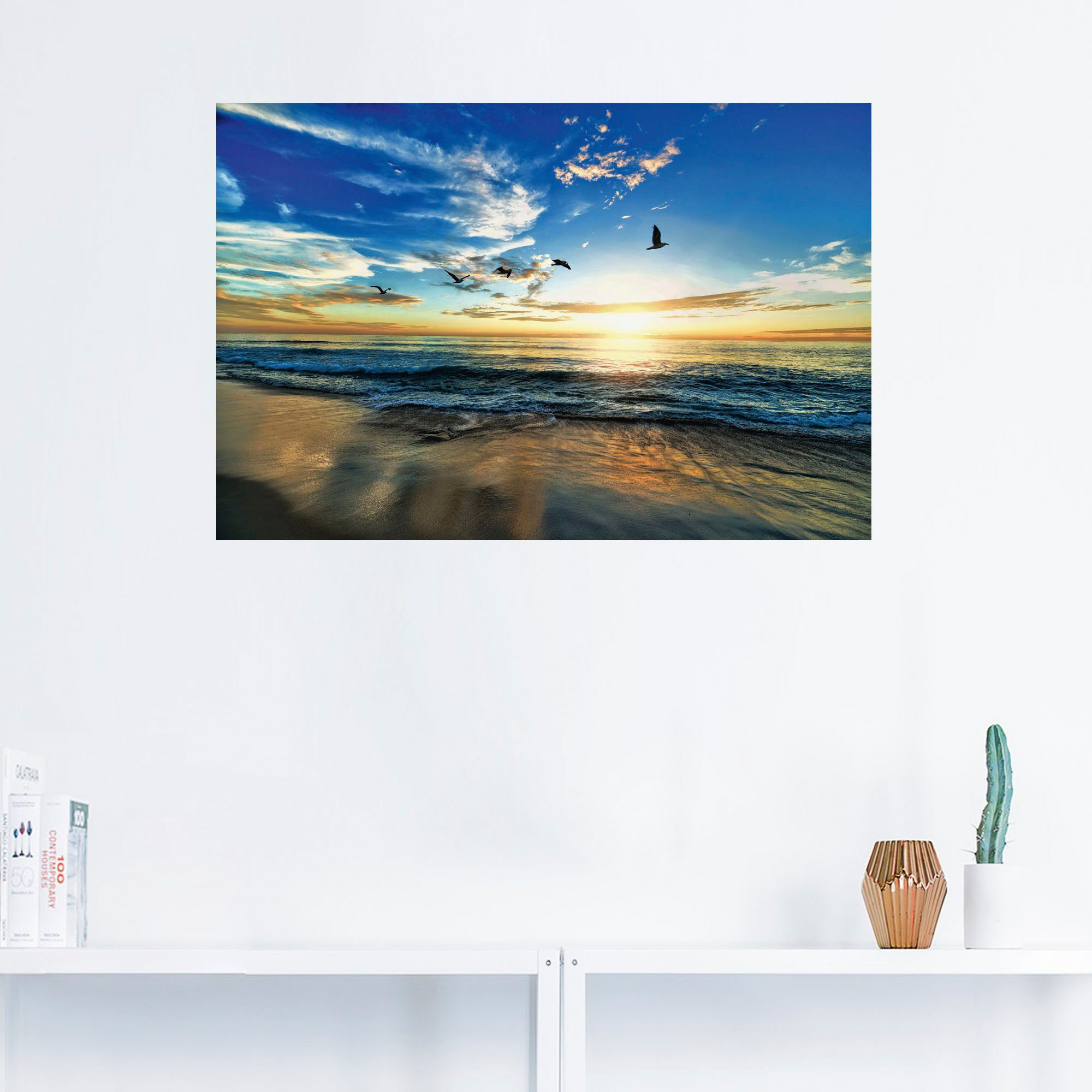 Artland Artprint Strand meeuwen zee zonsondergang als artprint van aluminium, artprint voor buiten, artprint op linnen, poster, muursticker