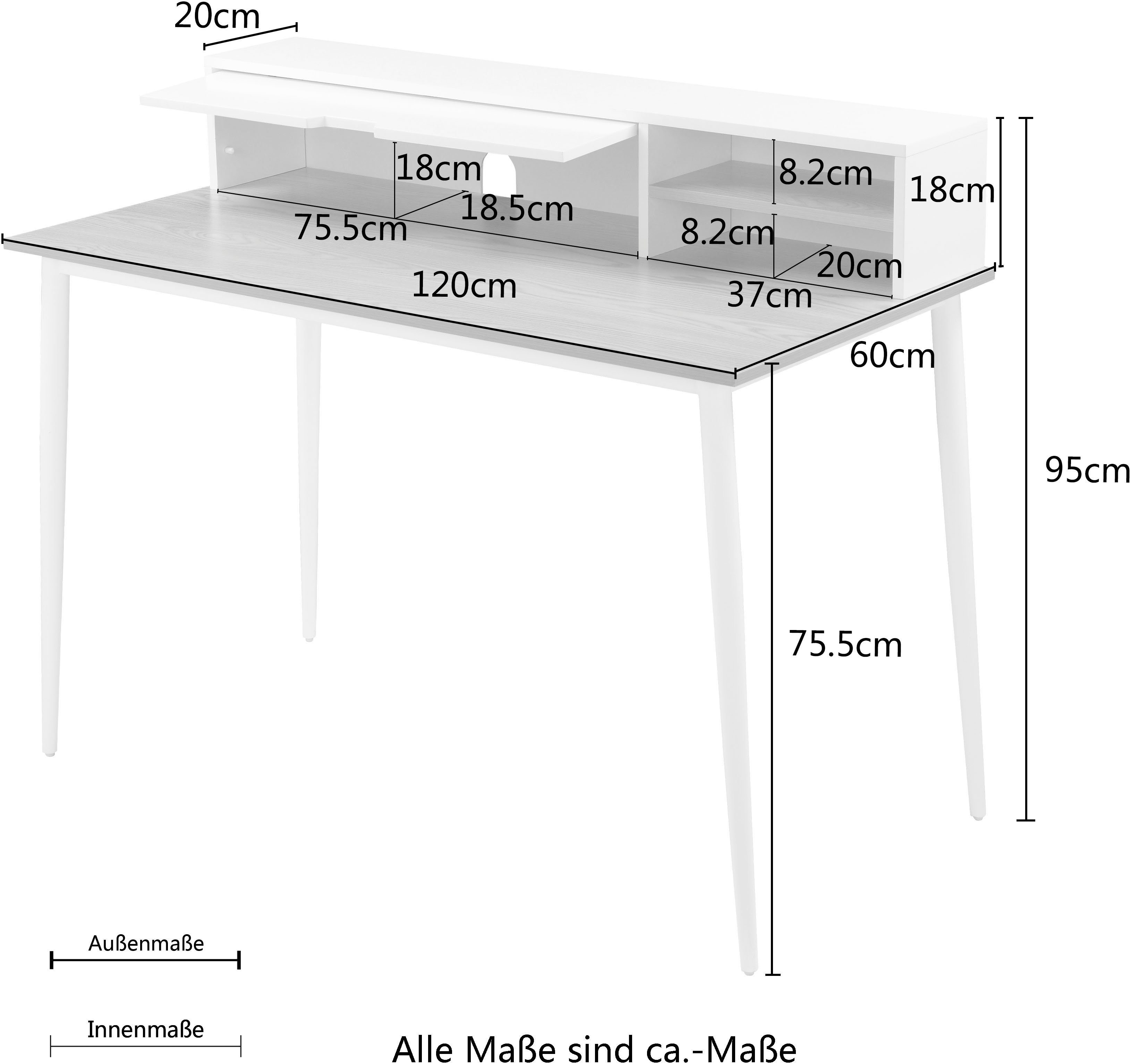 andas Bureau GRAVA Breedte 120 cm, bureau-opzetkast, kabeldoorvoer achter de klep