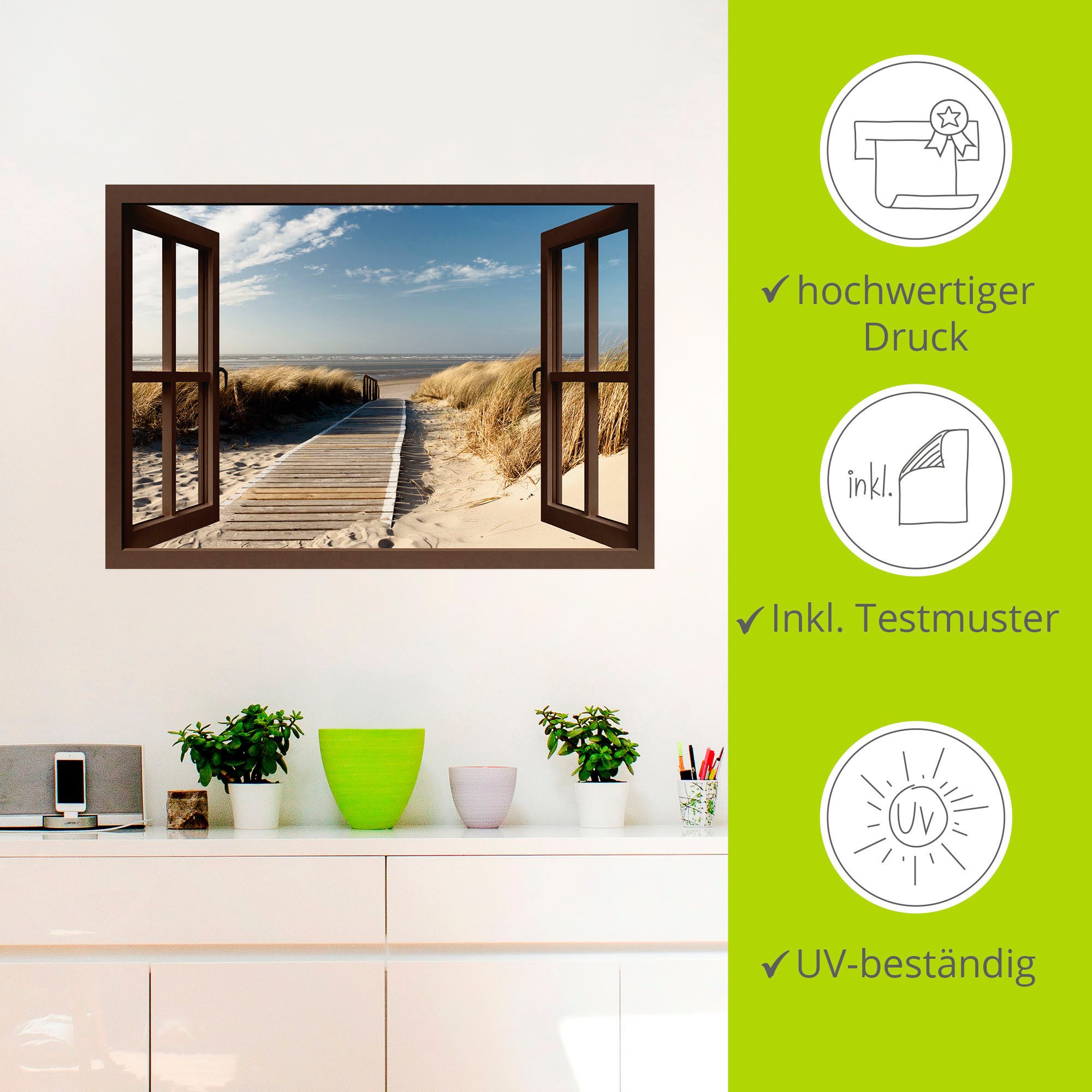 Artland Artprint Blik uit het venster Noordzeestrand op Langeoog als artprint op linnen, poster, muursticker in verschillende maten