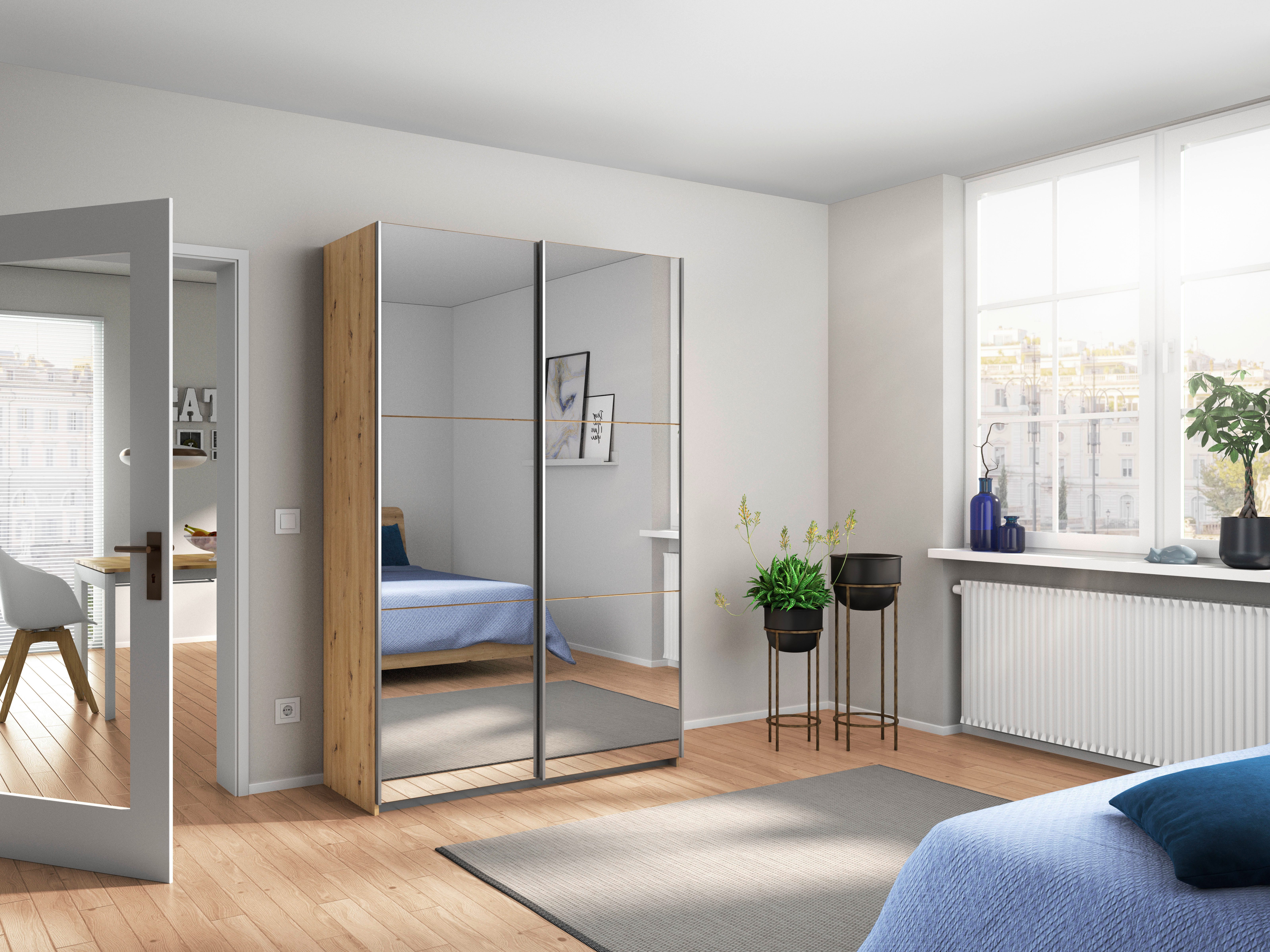 rauch Zweefdeurkast Kledingkast kast garderobe REFLECT inclusief praktische binneninrichting met 2 stoffen dozen made in germany