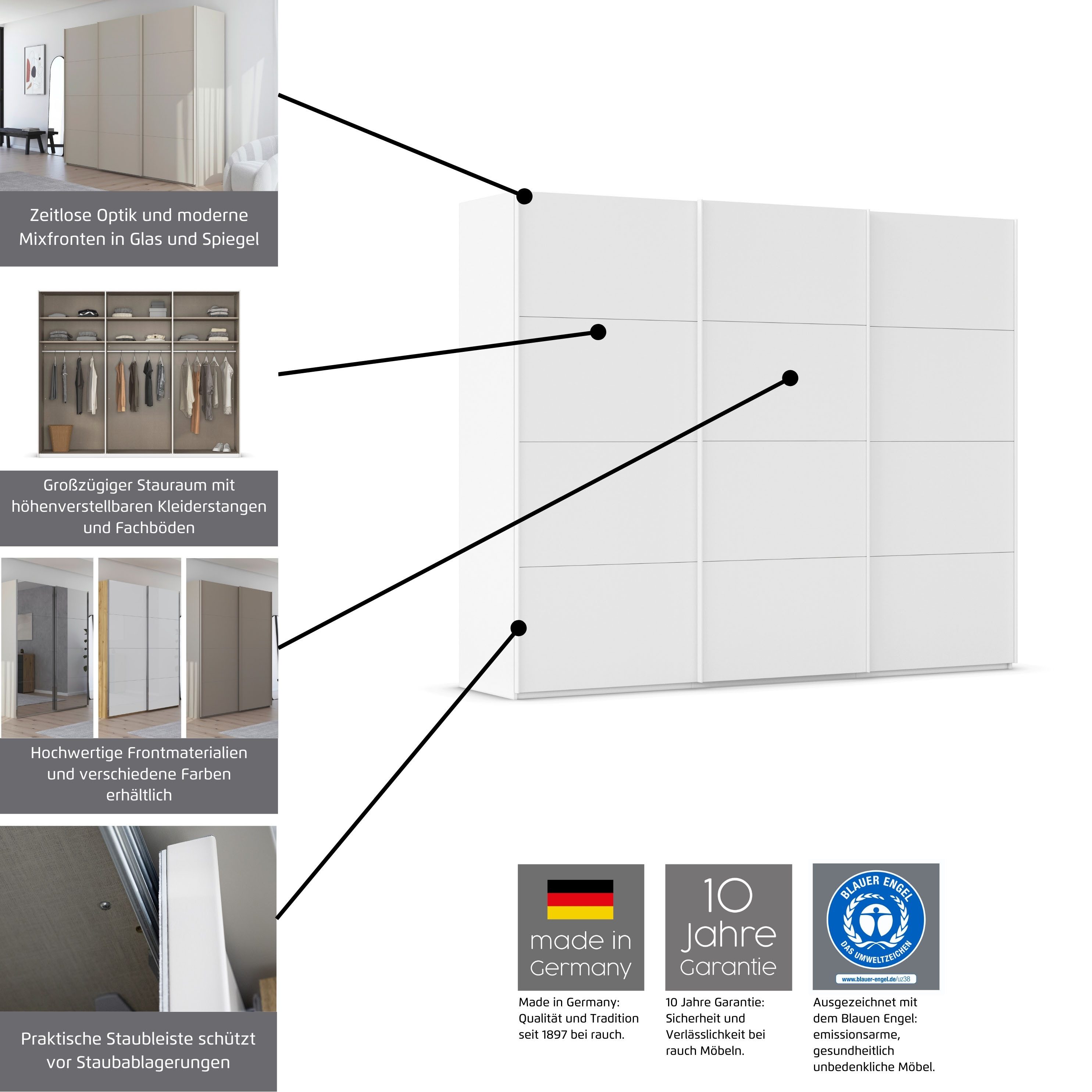 rauch Schuifdeurkast Kledingkast Kast Garderobe Slaapkamerkast SCALE-FYRA edel vierdelige deuren met glas-front veel kleuren made in germany