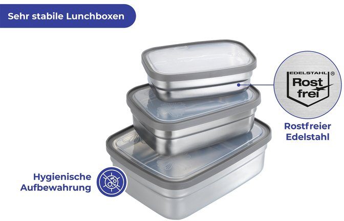 Maximex Lunchbox Roestvrij staal Brooddozen in 3 maten, luchtdichte deksels, vaatwasmachinebestendig (set, 3-delig)