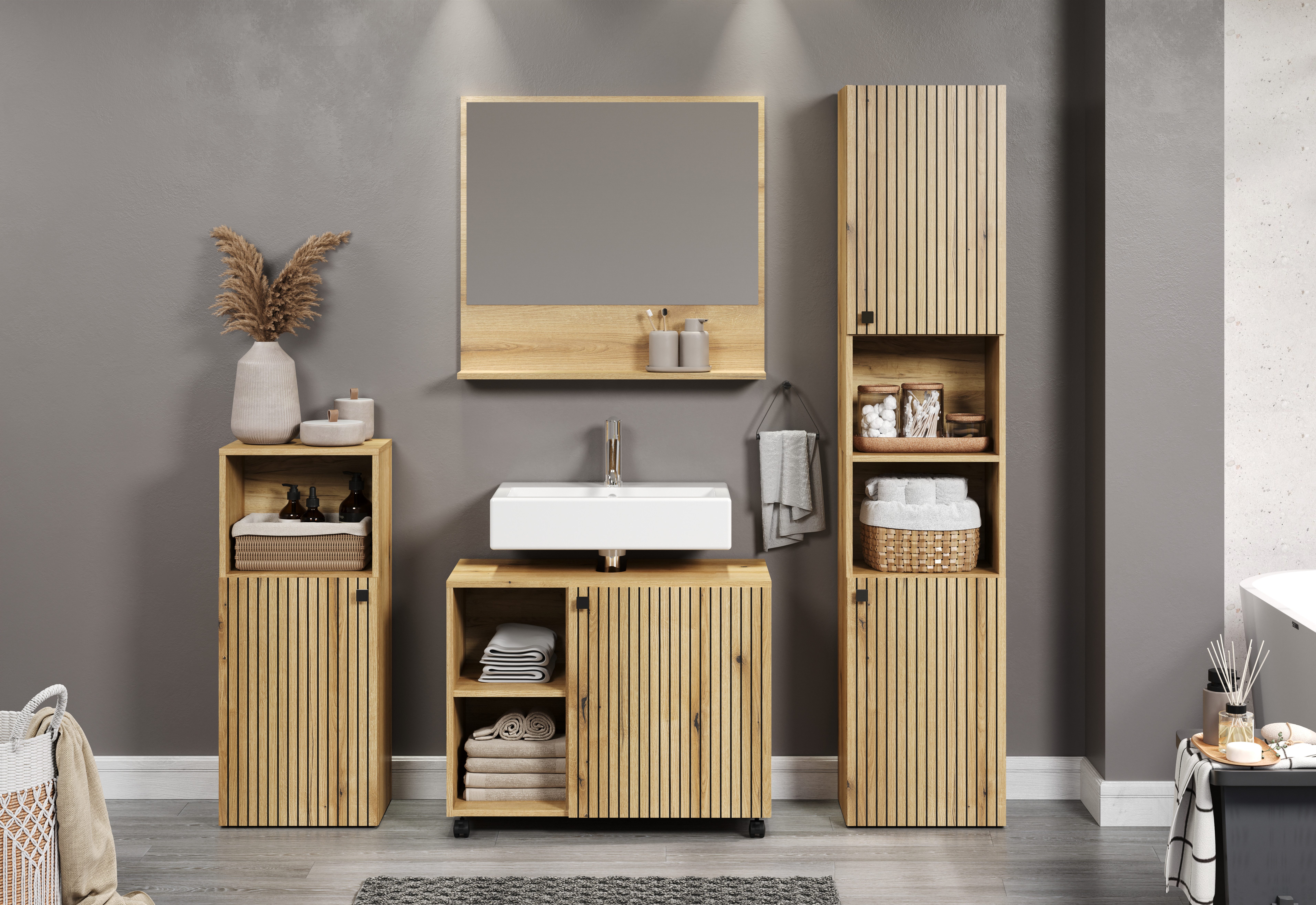 welltime Badmeubelset Amrum wastafelonderkast spiegel hoge kast badkamerkast Badkamermeubels met groeflook - Wasbakonderkast op wielen (complete set, 4 stuks)