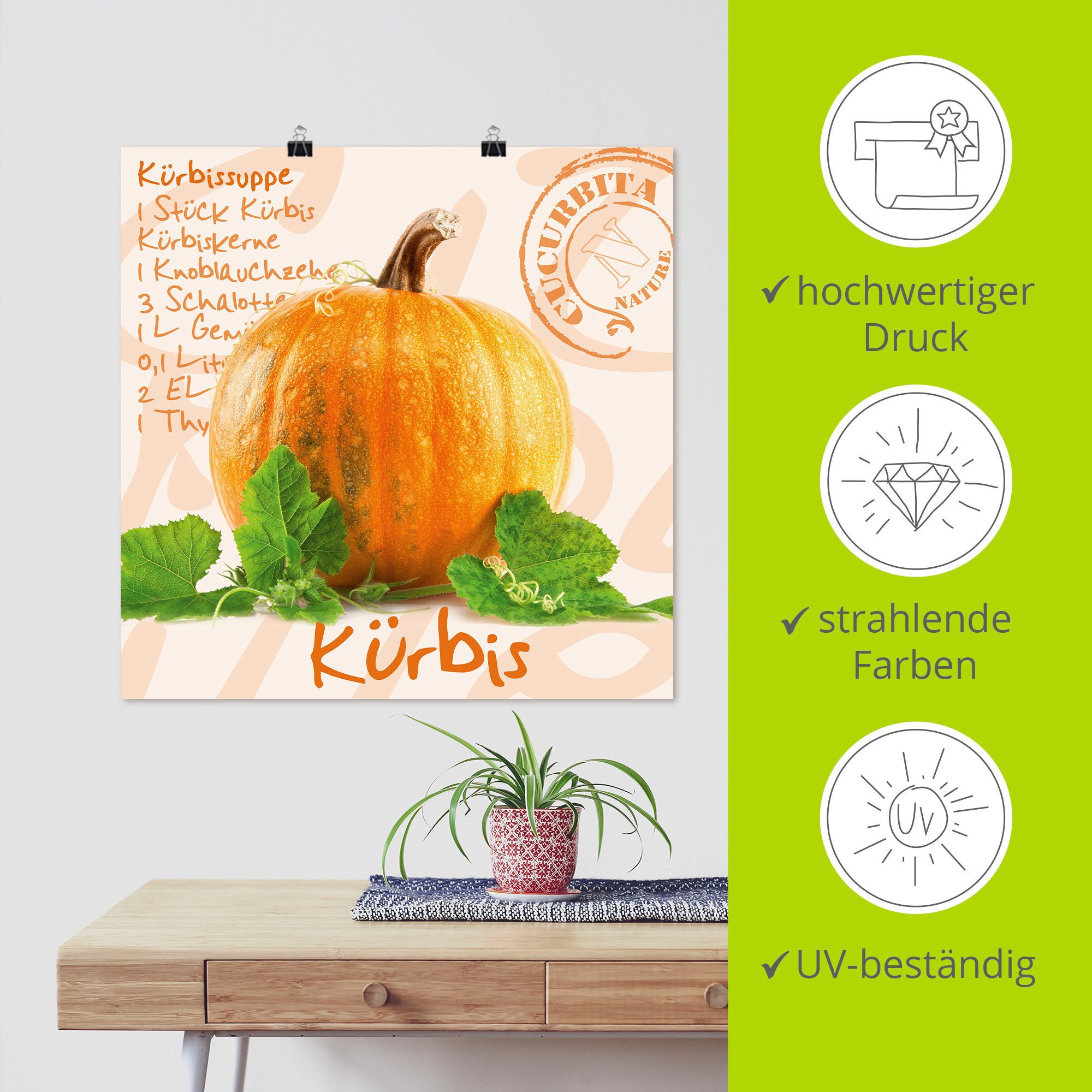 Artland Artprint Gele pompoen met groene bladeren als poster, muursticker in verschillende maten