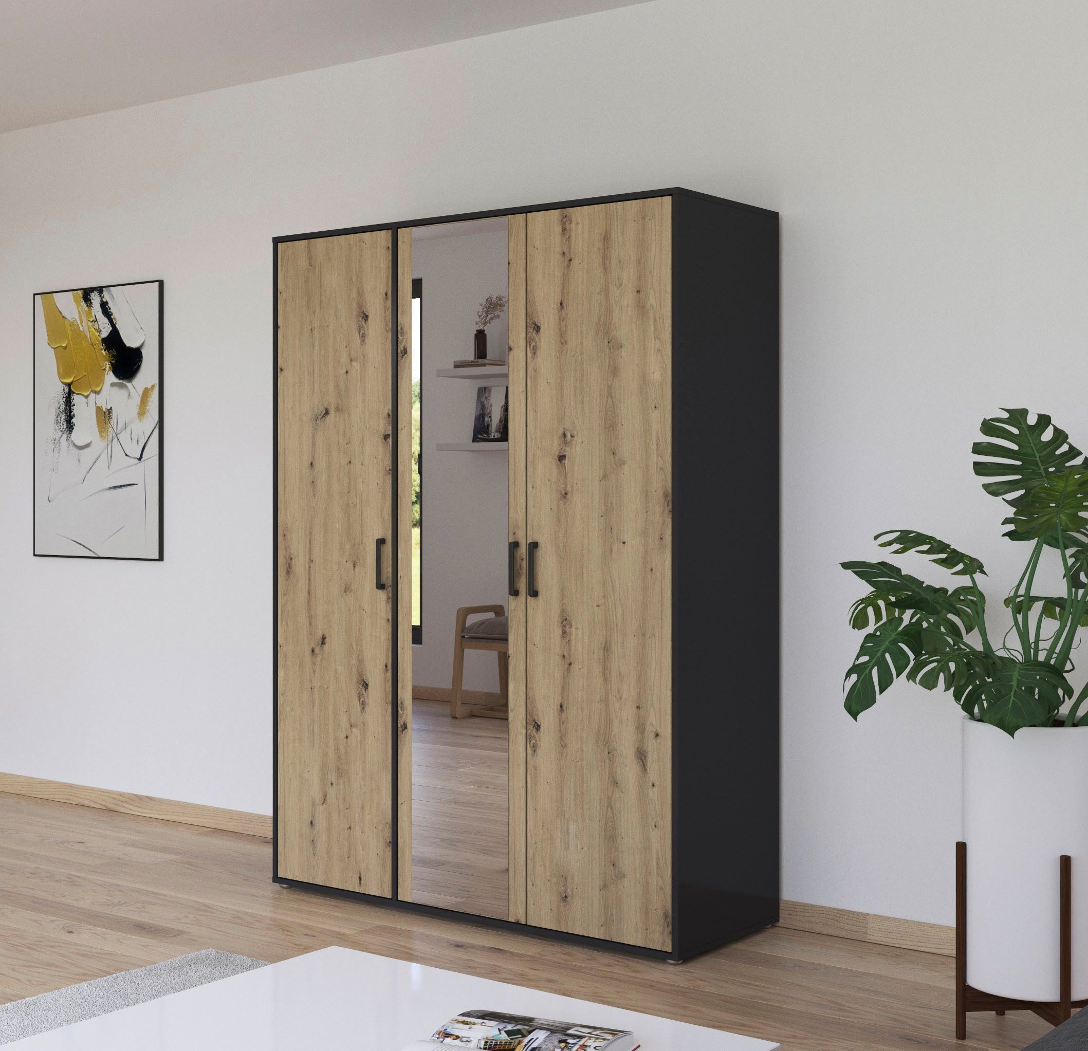 rauch Draaideurkast Voyager met moderne grepen in grijs-metallic en spiegel