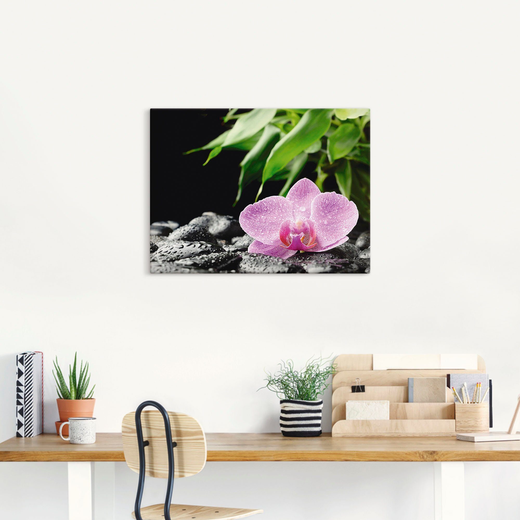 Artland Artprint Roze orchidee op zwarte zen stenen als artprint op linnen, poster in verschillende formaten maten