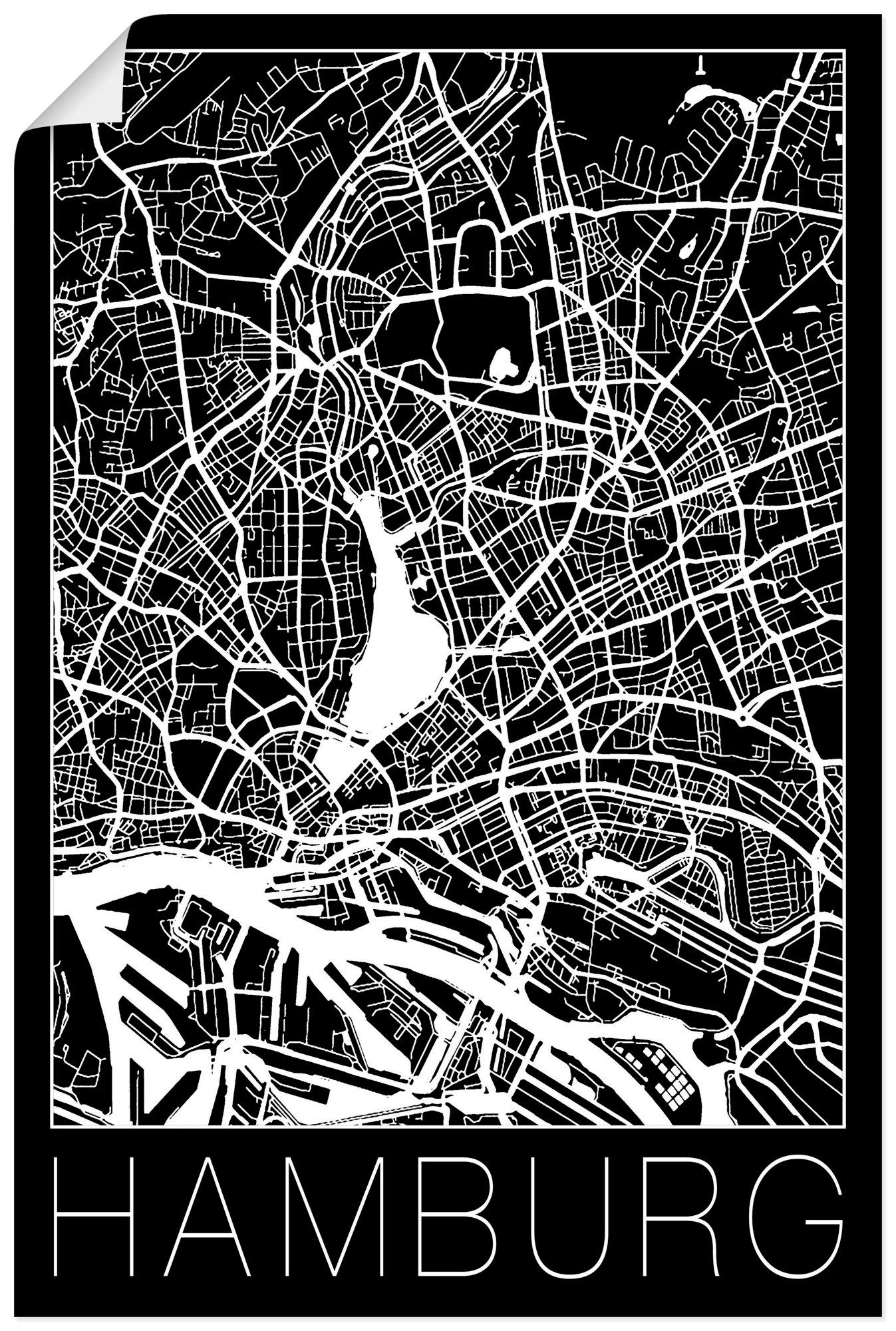 Artland Artprint Retro kaart Hamburg Duitsland zwart in vele afmetingen & productsoorten - artprint van aluminium / artprint voor buiten, artprint op linnen, poster, muursticker /