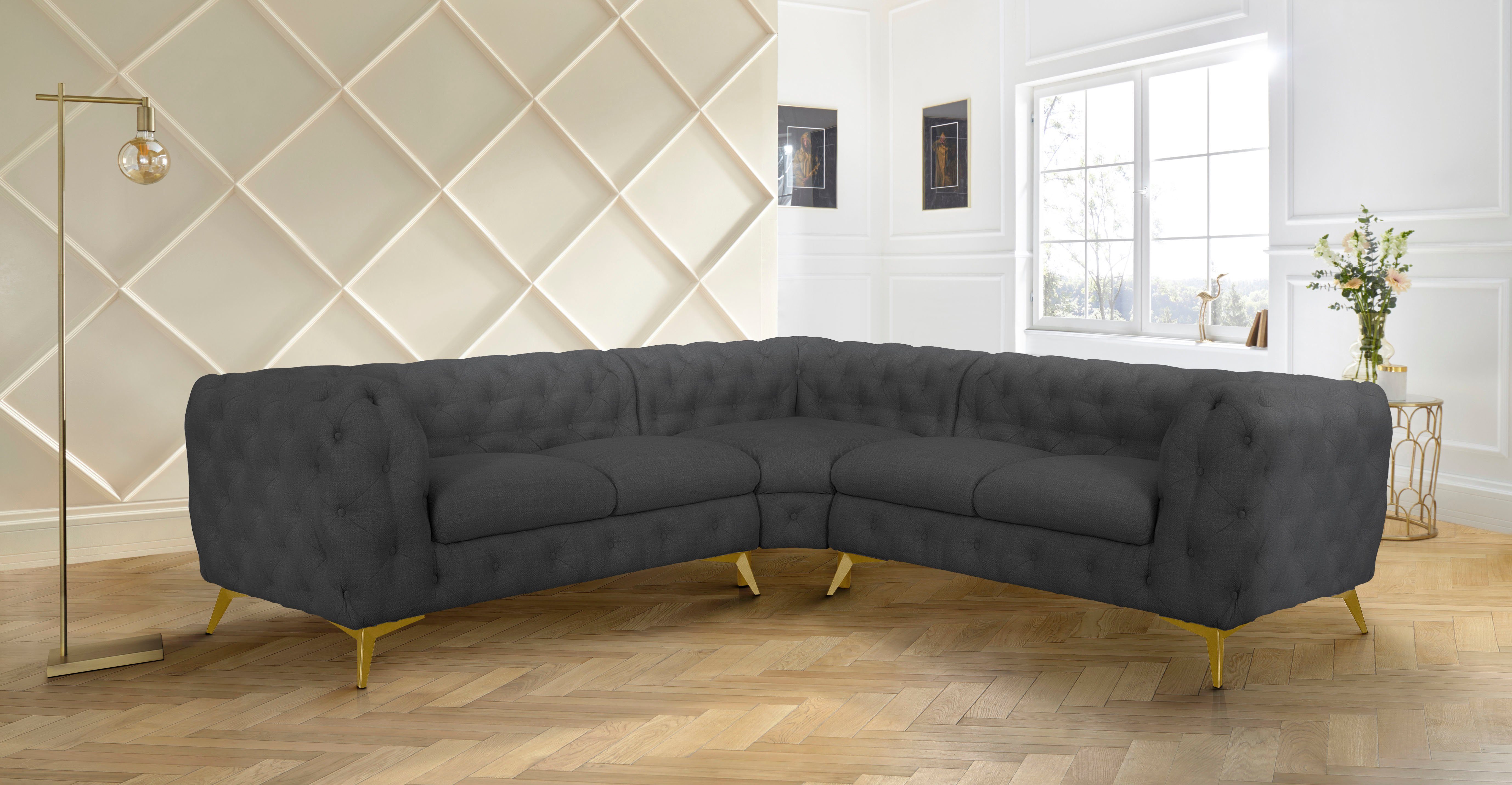 Leonique Chesterfield-bank Glynis L-vorm luxueuze capitonnage, moderne chesterfield look, kleur van de poten ter keuze