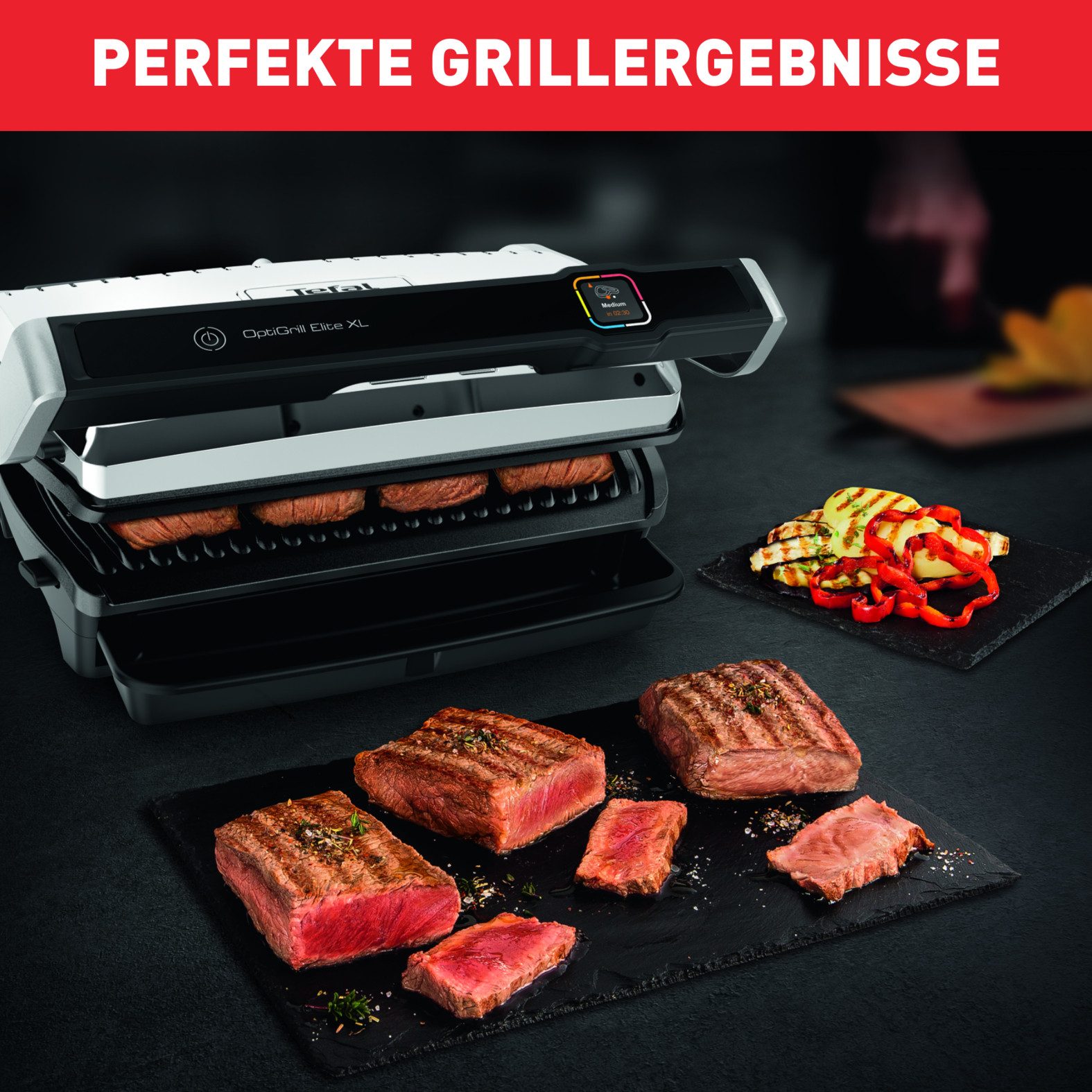 Tefal Contactgrill OptiGrill Elite XL, spülmaschinengeeignete Platten Countdown tot perfect resultaat, extra Grillboost voor grill-strepen