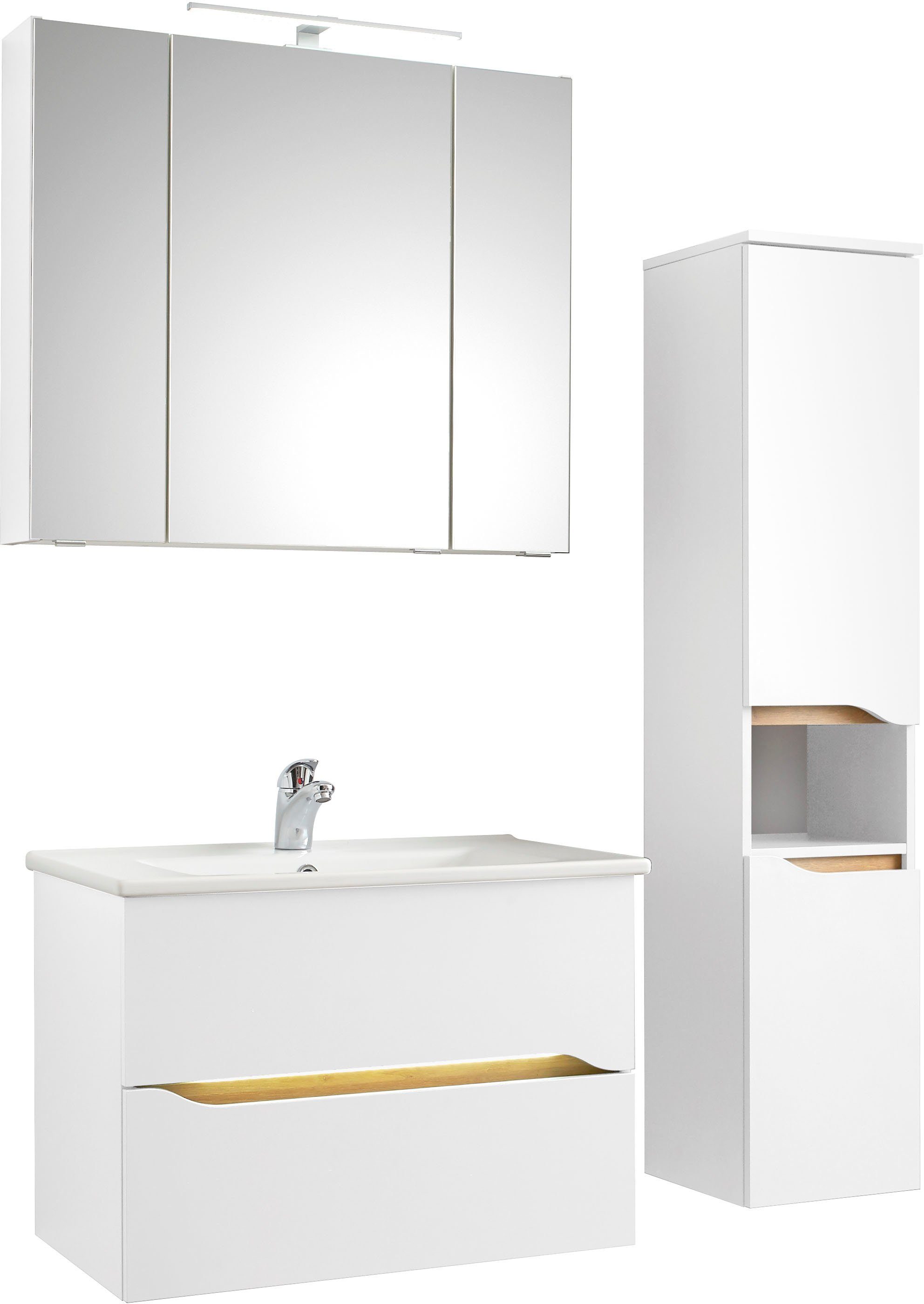 Saphir Badkamerserie Quickset 3-delig, keramische wastafel en LED spiegelkast met halfhoge kast, 2 deuren, 1 nis, 2 laden, inclusief deurdemper (5-delig)