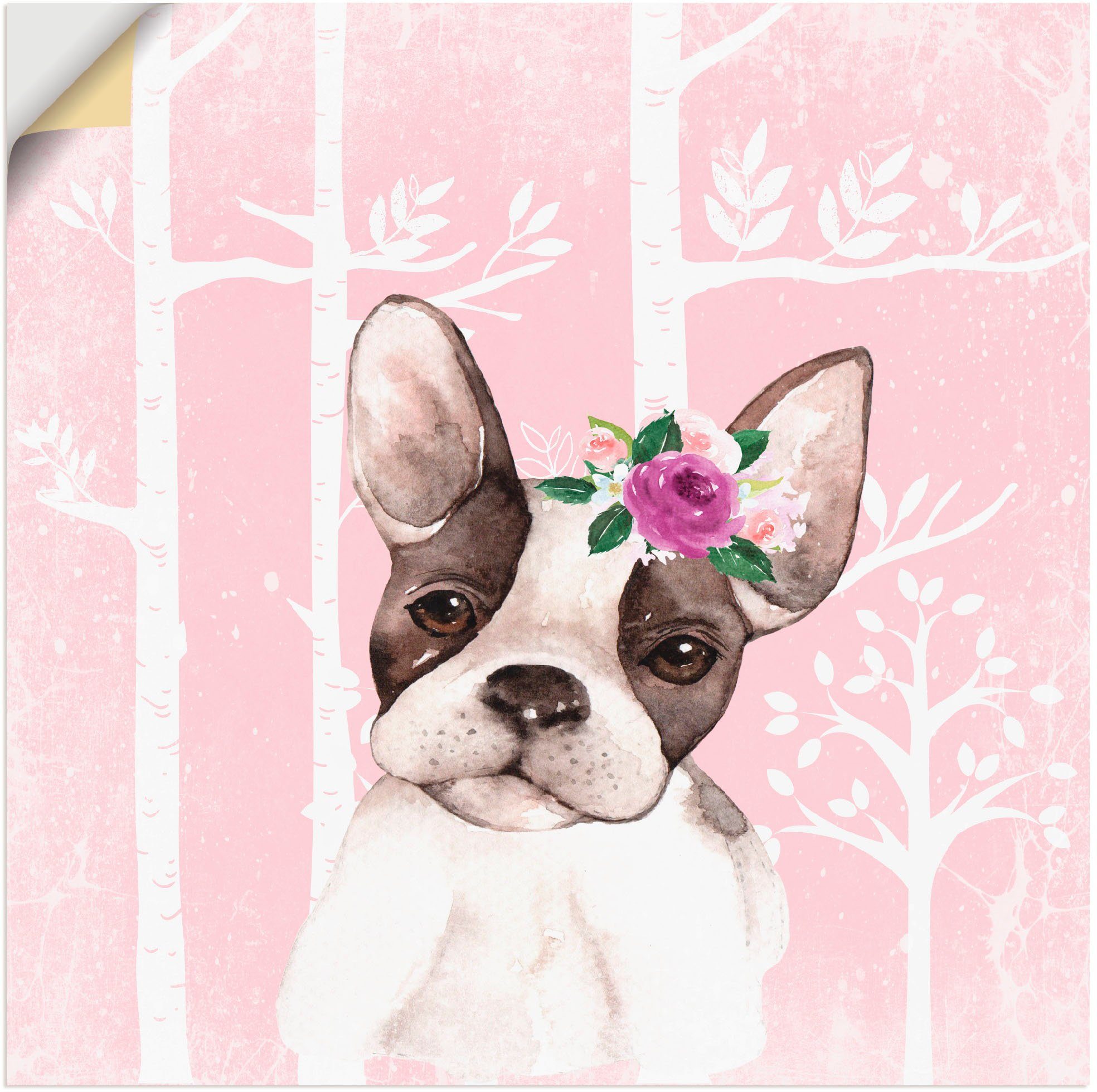 Artland artprint Mops Hund mit Blumen im pink Wald