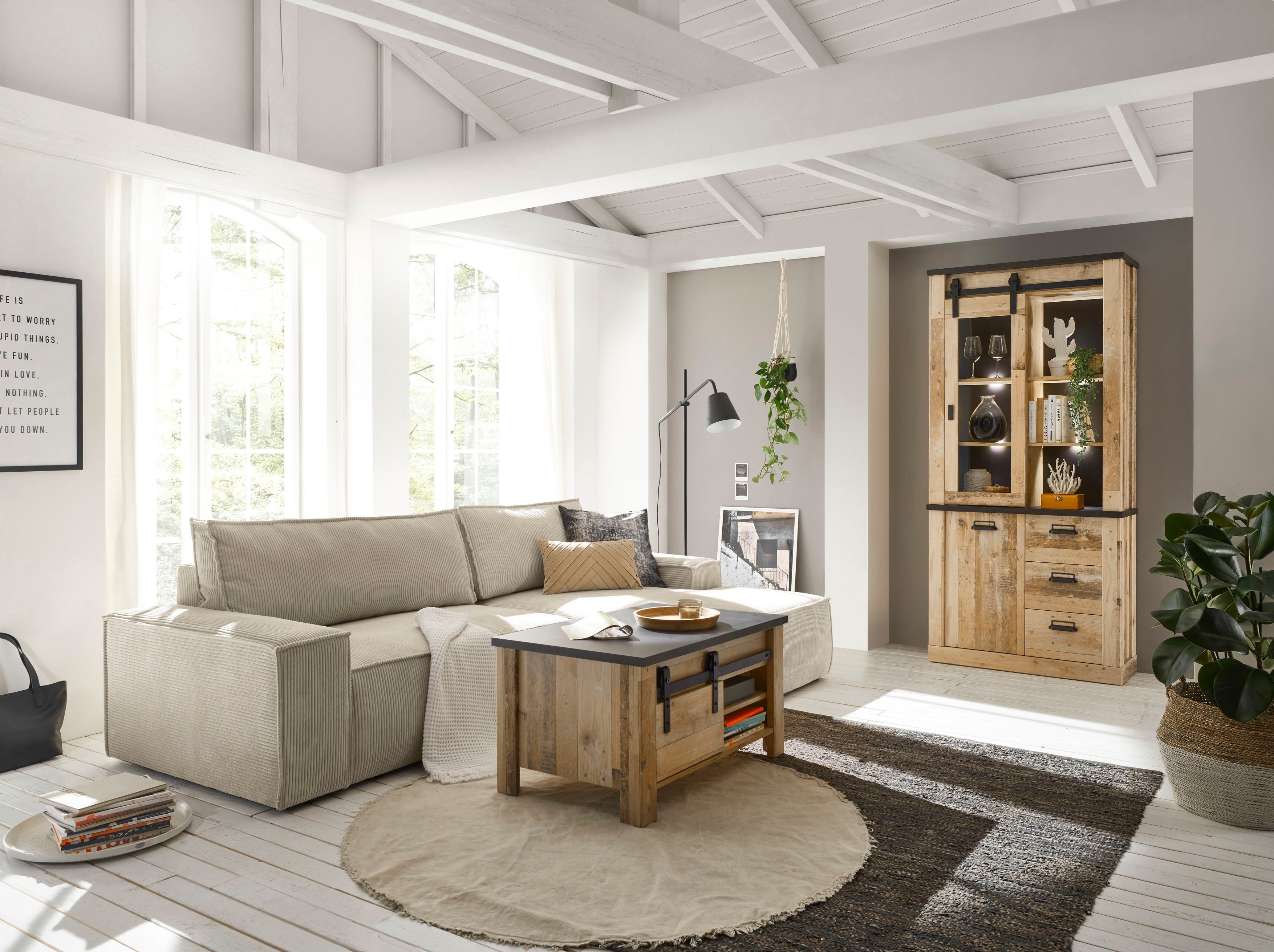 Home affaire Hoekbank SHERWOOD bedbank 267 cm, L-model, Slaapfunctie met bedlade (210x136 cm), cord, vintage, fluweel