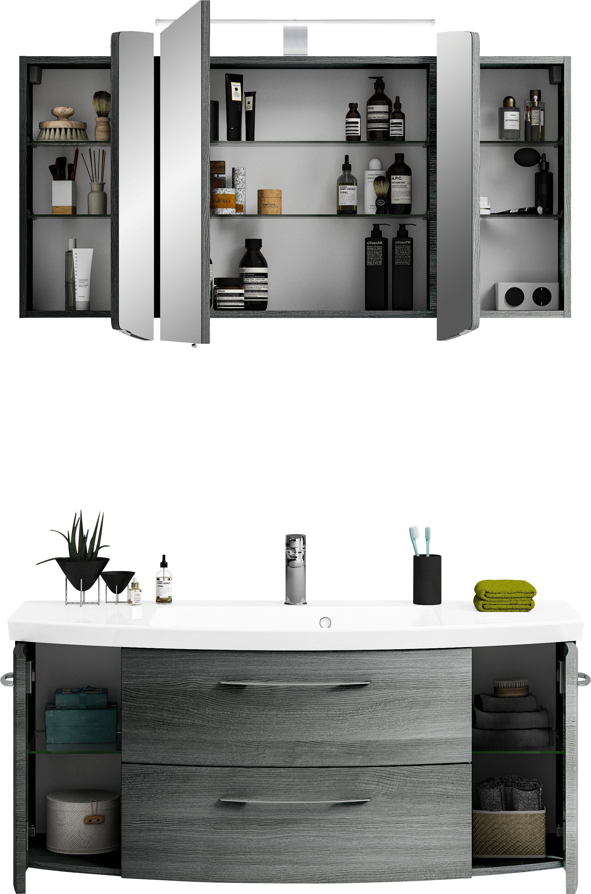Saphir Badkamerserie Cassca sprint 2-delig mineraalmarmeren wastafel met led-spiegelkast (2-delig)