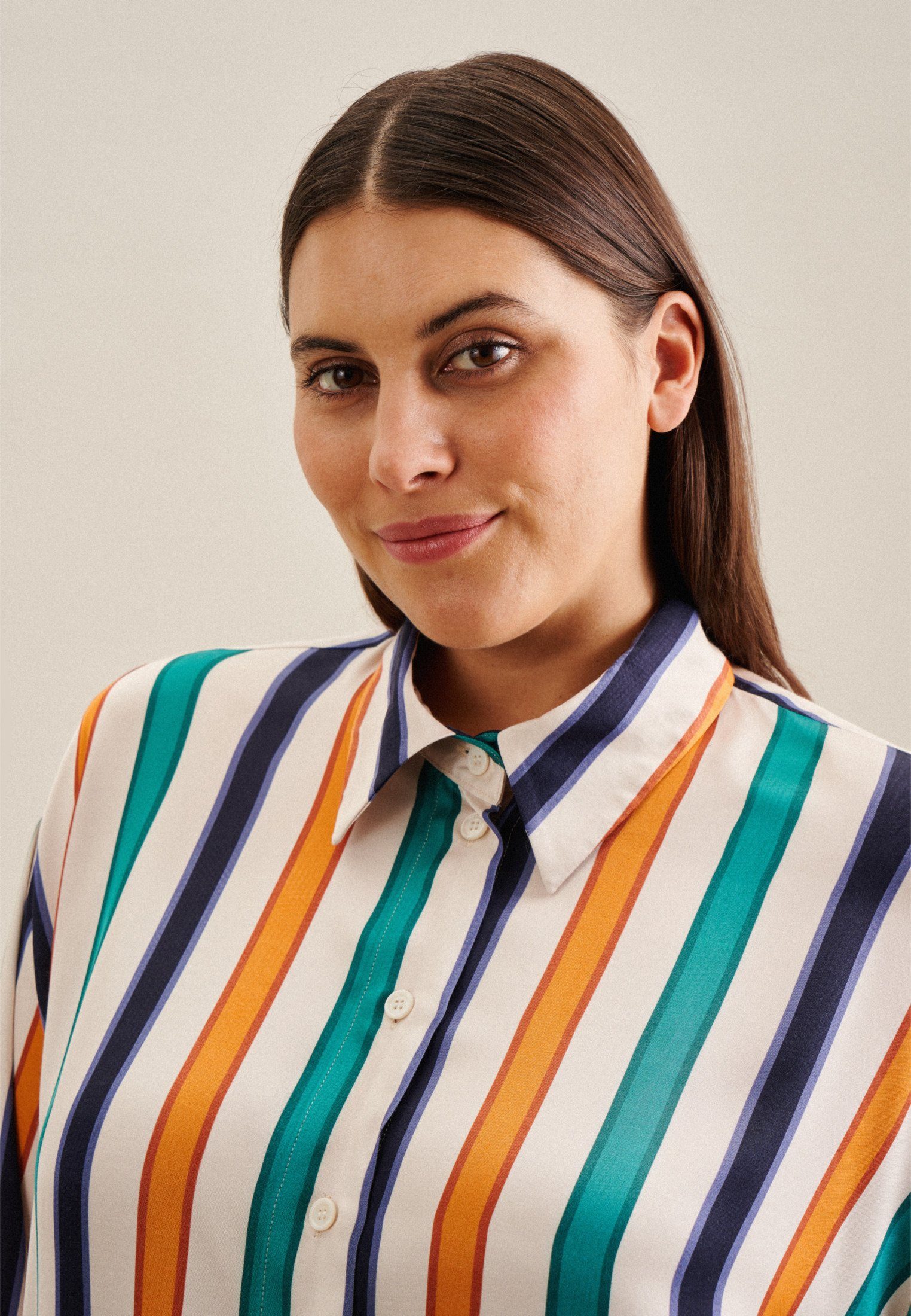 seidensticker Lange blouse Zwarte roos Lange mouwen kraag strepen