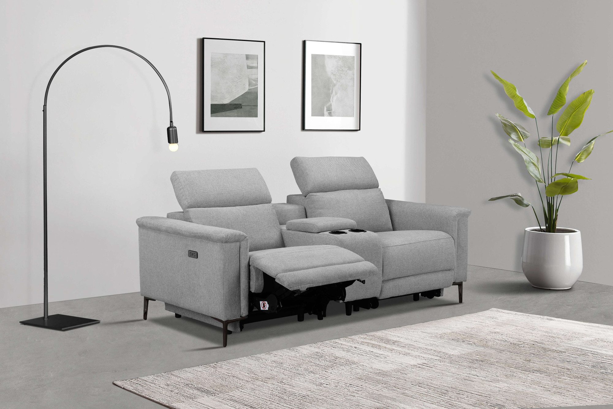 Places of Style 2-zitsbank Lund, 2-zits bioscoopbank, tv-fauteuil, multimedia-sofa, USB-A met elektrische of handmatige relaxfunctie, bekerhouder en opbergruimte