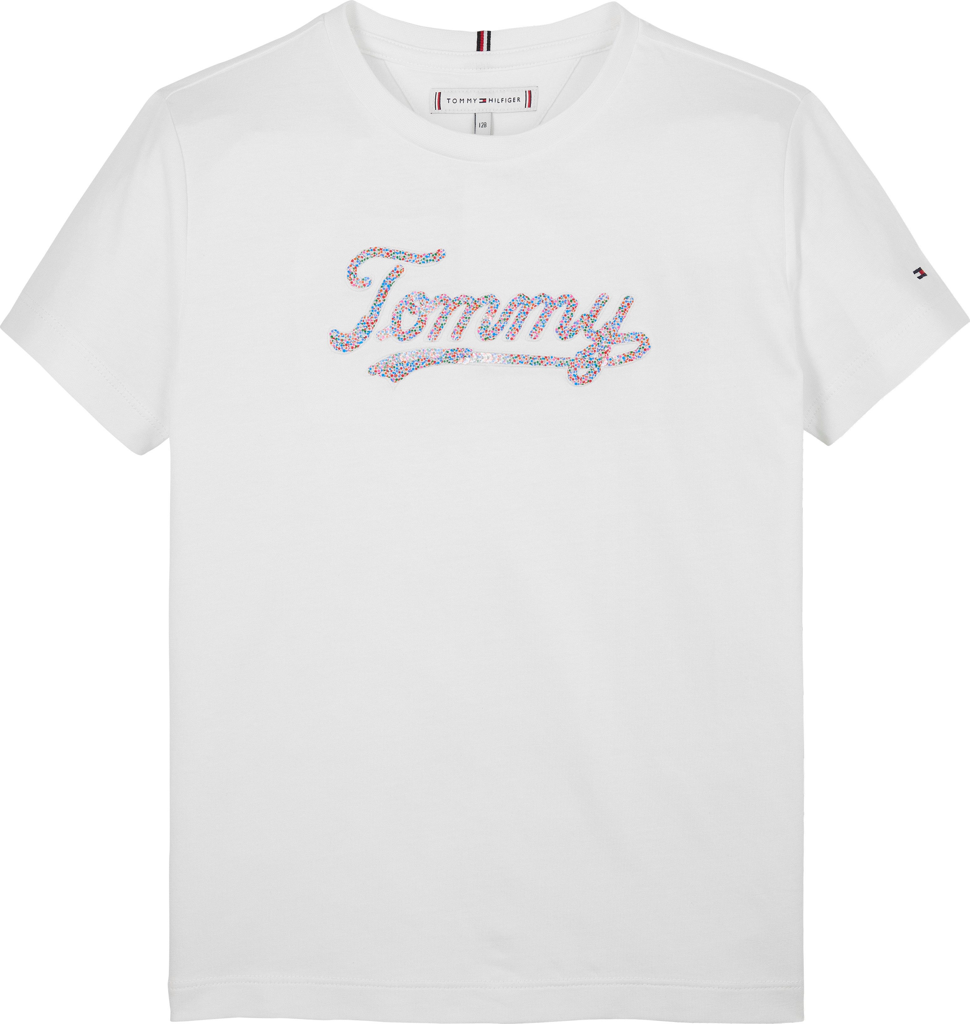 Tommy Hilfiger T-shirt TOMMY SCRIPT SEQUINS TEE SS voor kinderen tot 16 jaar, met pailletten
