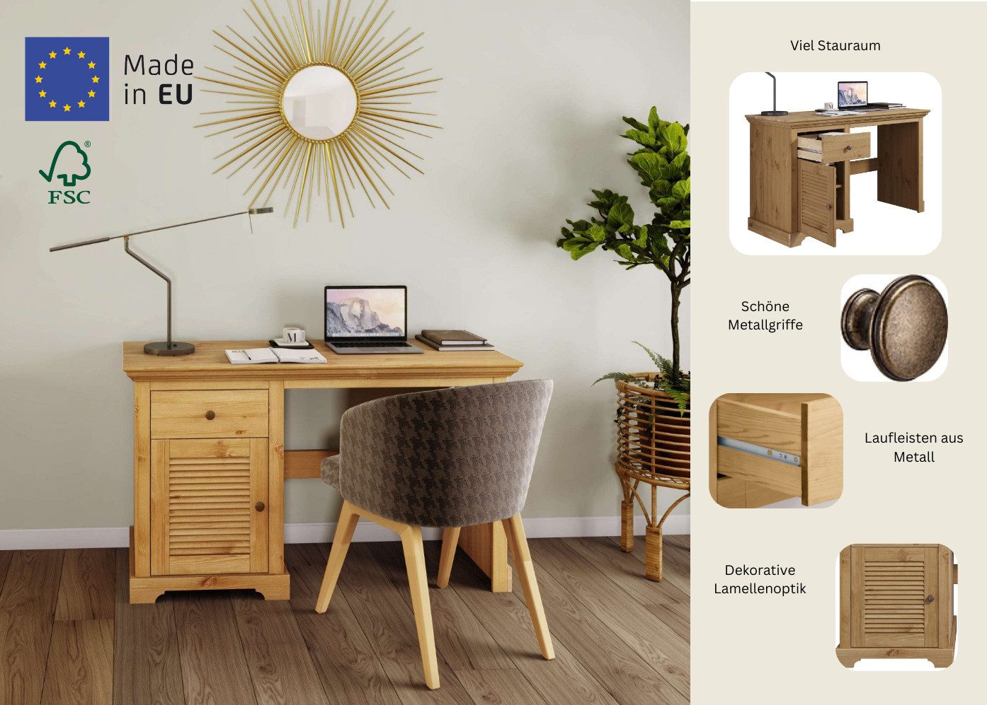 Home affaire Bureau Ayanna Massief hout, met lade en deur, lamellenfront, breedte 130 cm