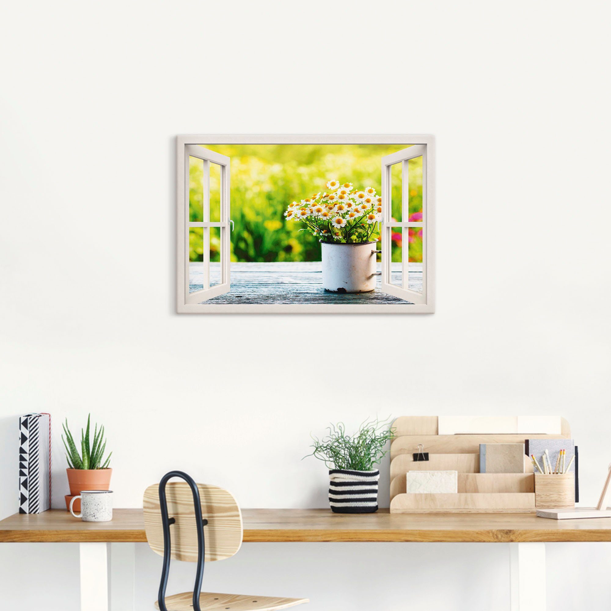 Artland Artprint Blik uit het venster tuin met madeliefje als artprint van aluminium, artprint op linnen, muursticker, verschillende maten