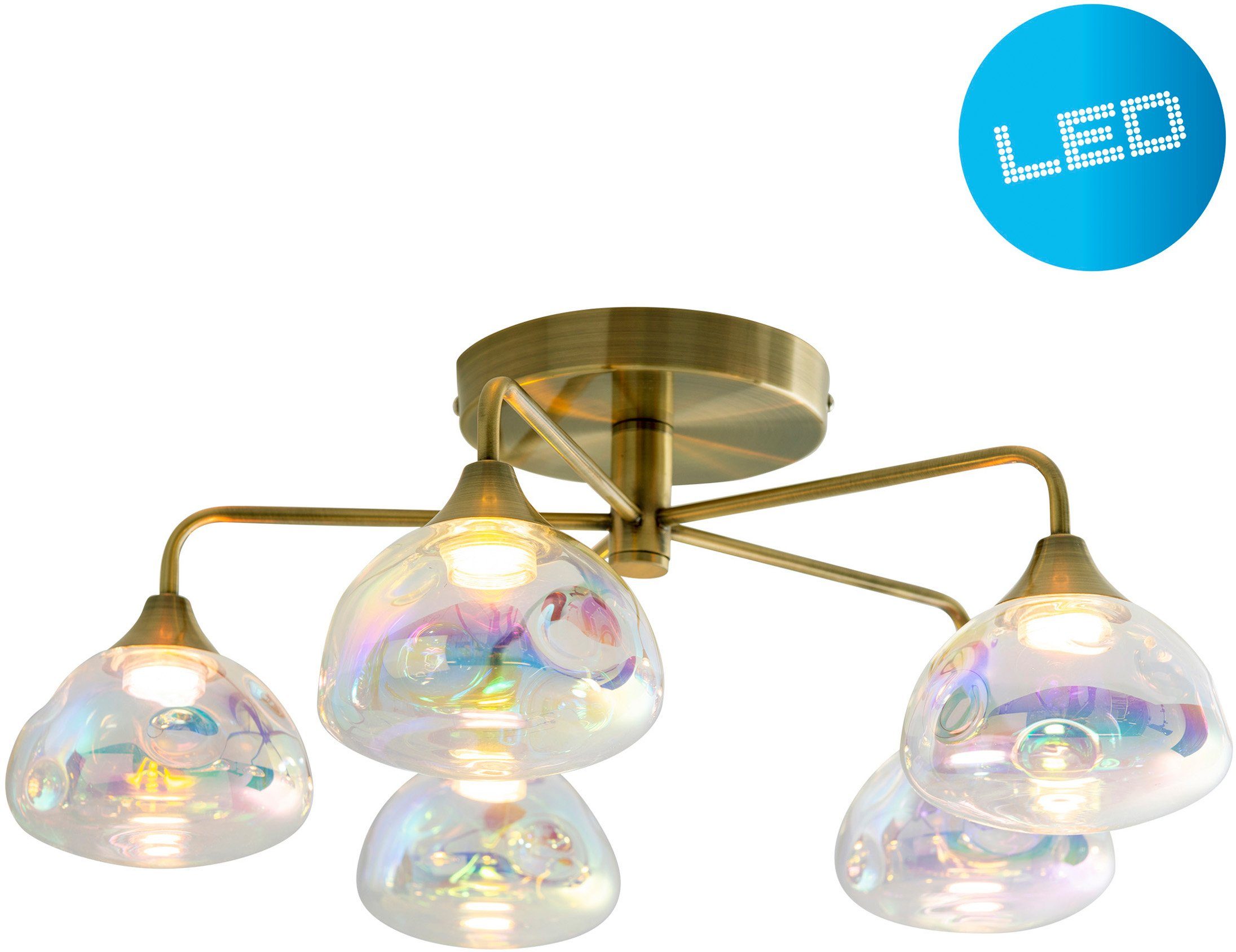 näve Led-plafondlamp Varna 5-vlg. iriserend glas incl. led warmwit, frame messing (1 stuk)