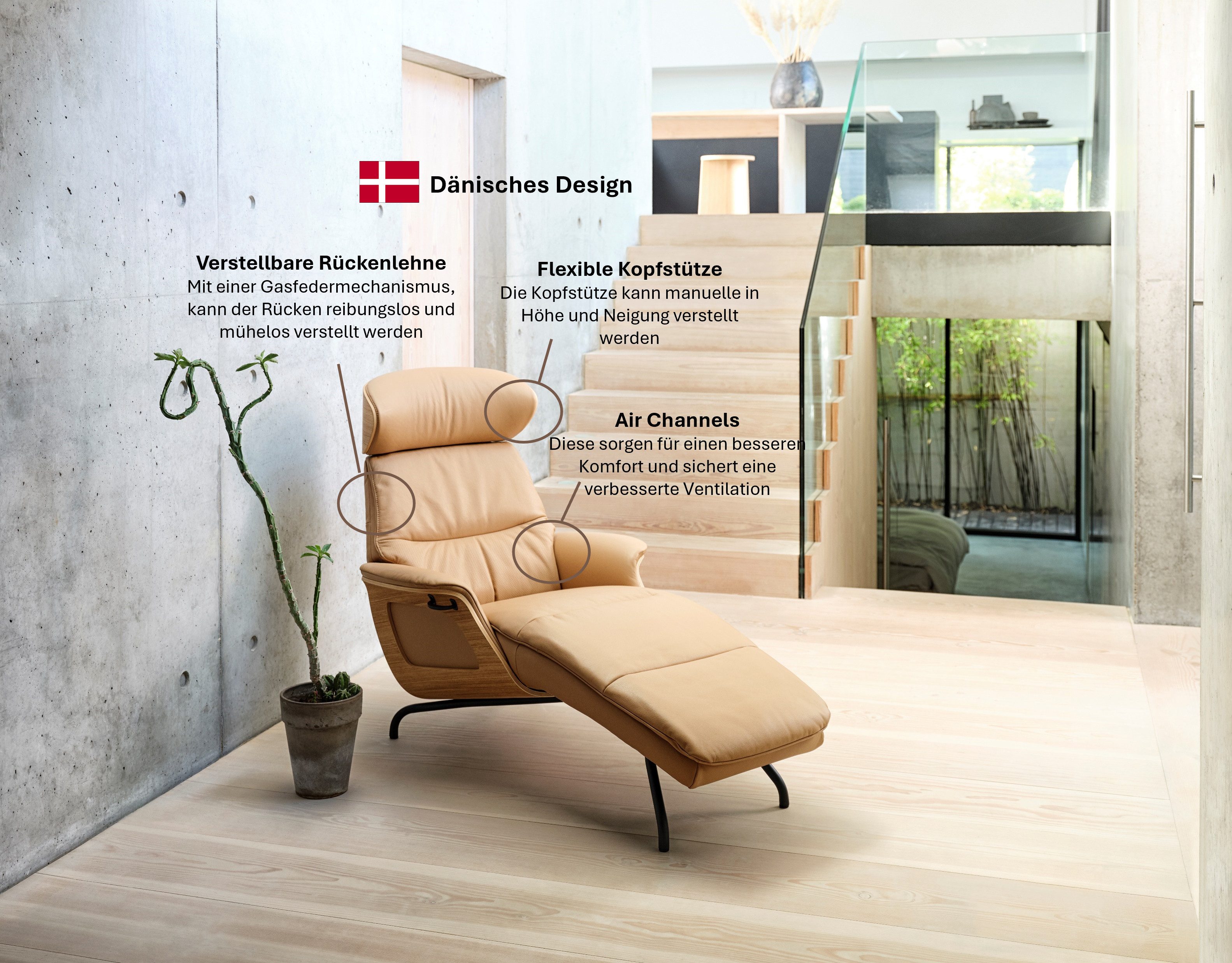 FLEXLUX Loungestoel Clement chaise longue, relaxstoel, ligstoel Rug- en hoofdsteunverstelling, armleuning, geolied eiken, voet van aluminium