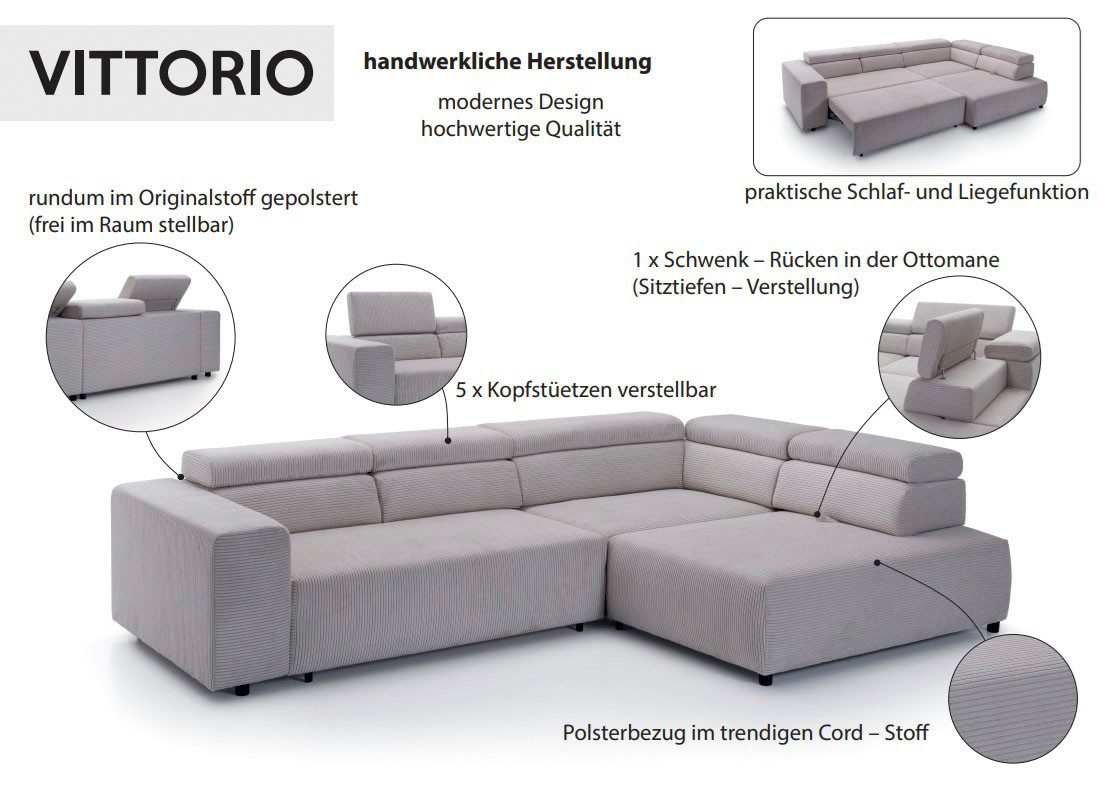 exxpo - sofa fashion Hoekbank VITTORIO met comfortfuncties, comfortabel en modern, cord, L-vorm incl. hoofdsteun- en zitdiepteverstelling, optioneel met bedfunctie