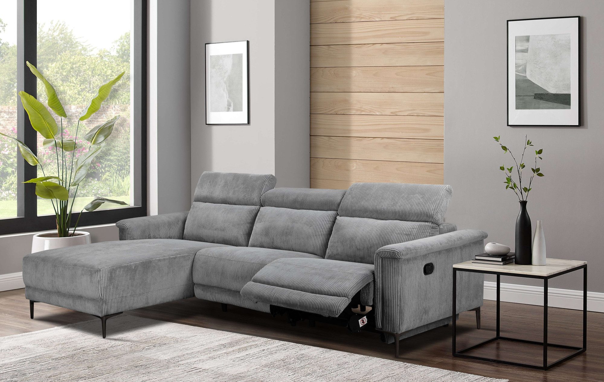 Places of Style Hoekbank Lund in cord, L-vorm, 261 cm, handmatige en elektrische relaxfunctie